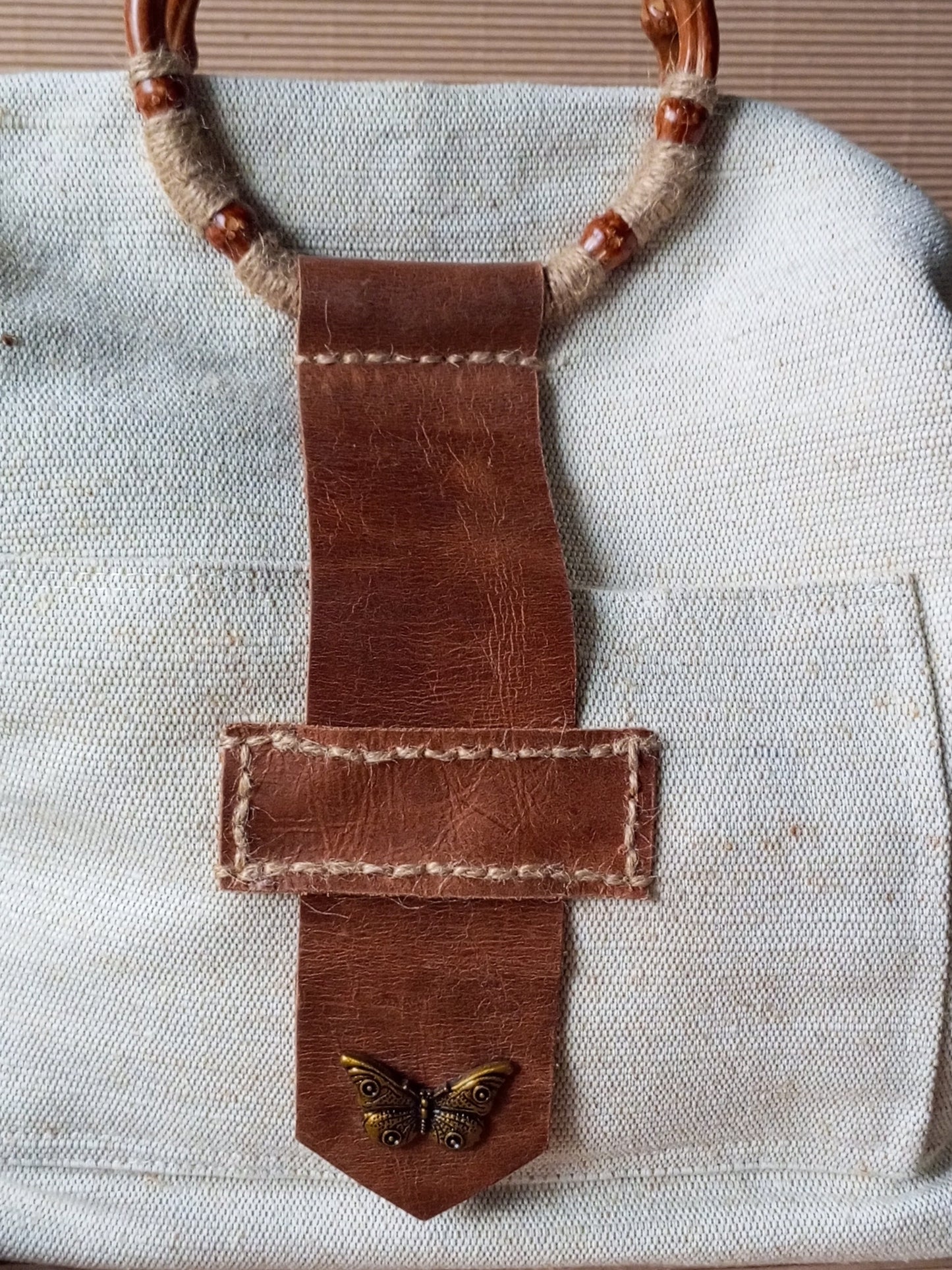 Ivory Canvas Tote Bag – Boho Market Bag with Bamboo Handles and Leather Details