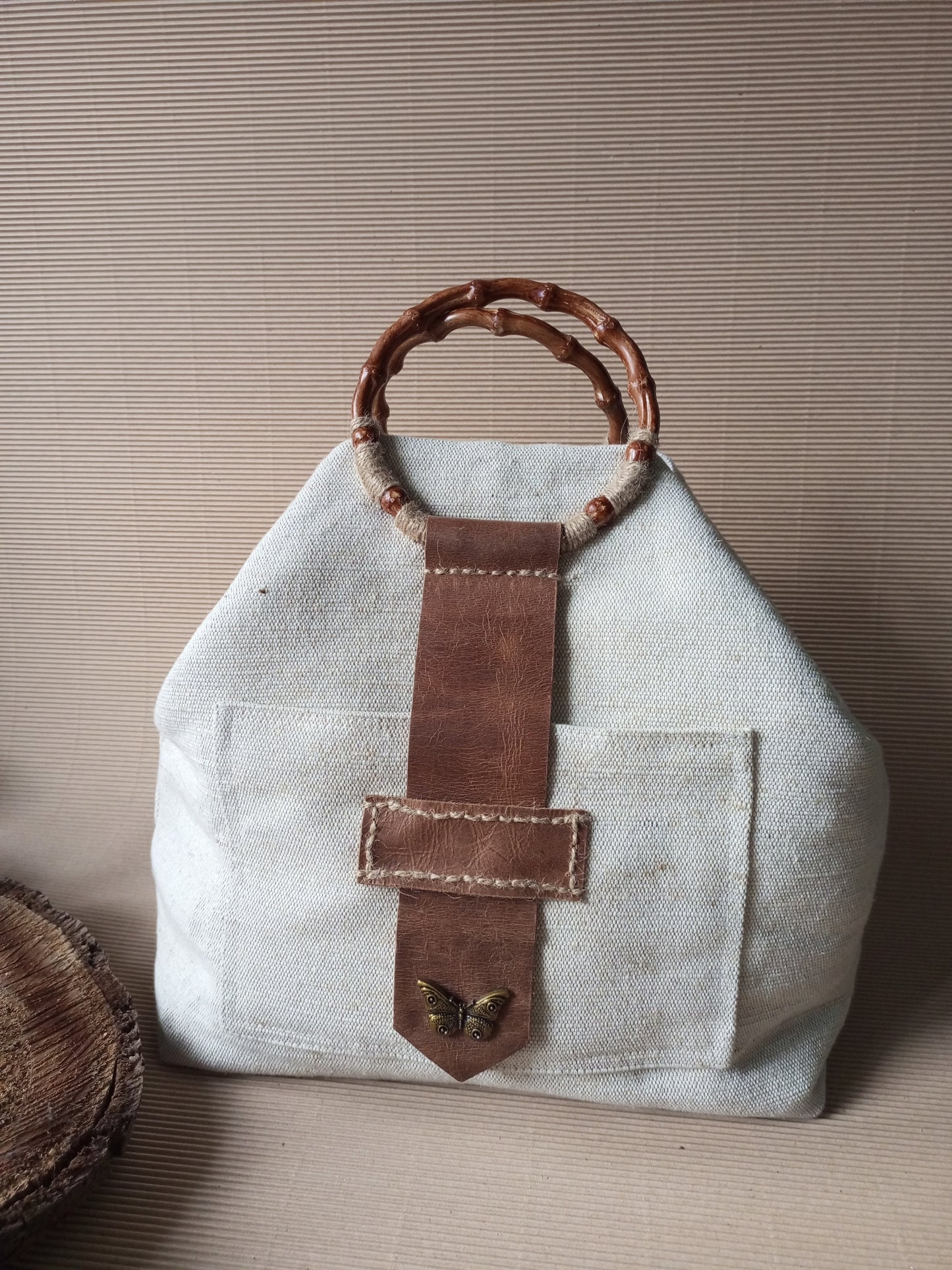 Ivory Canvas Tote Bag – Boho Market Bag with Bamboo Handles and Leather Details