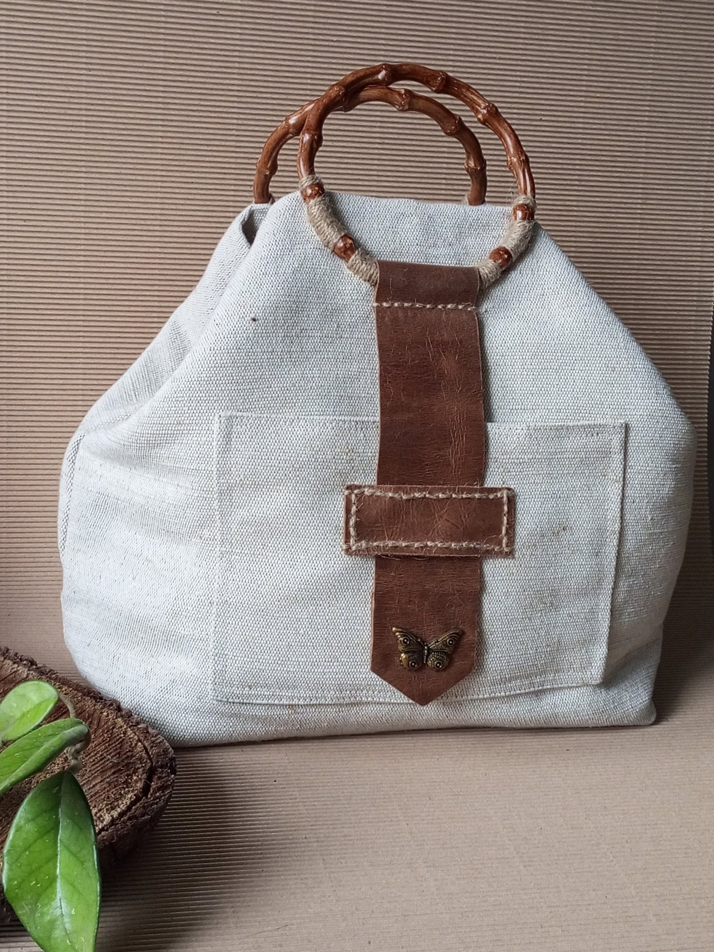 Ivory Canvas Tote Bag – Boho Market Bag with Bamboo Handles and Leather Details