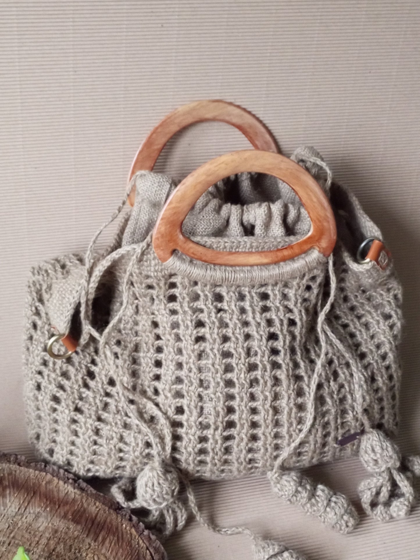 Bohemian Beige Crochet Jute Bag – Handmade Eco Friendly Summer Tote with Plastic Handles and Inner Canvas Bag