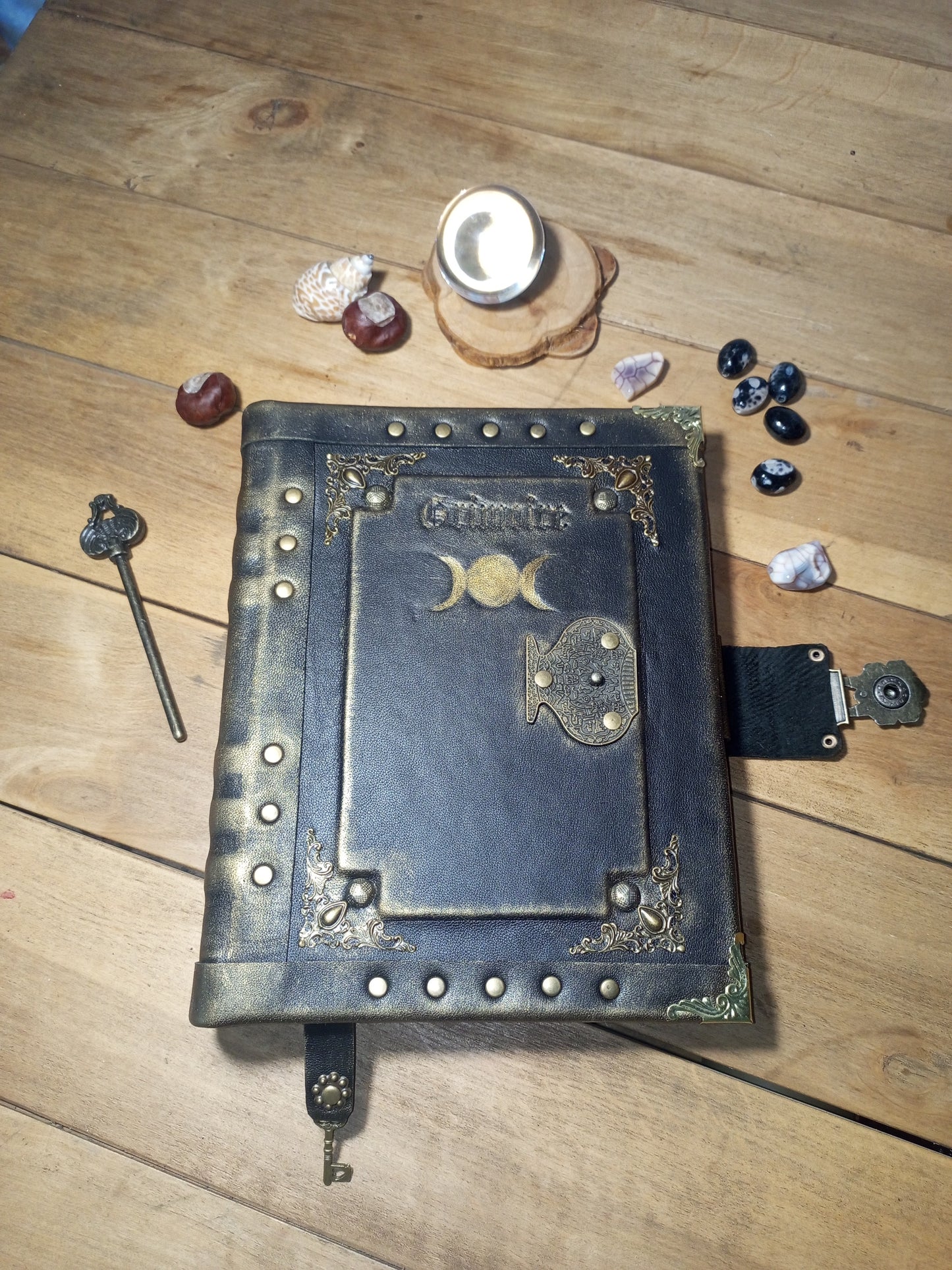 Triple Moon Goddess Leather Journal – Black Refillable Grimoire, Wicca Spellbook & Sketchbook