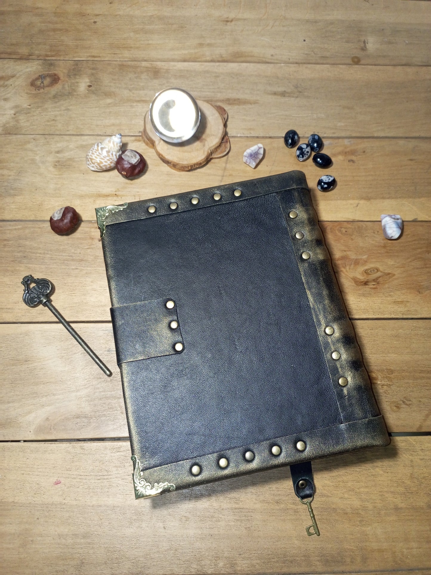 Triple Moon Goddess Leather Journal – Black Refillable Grimoire, Wicca Spellbook & Sketchbook