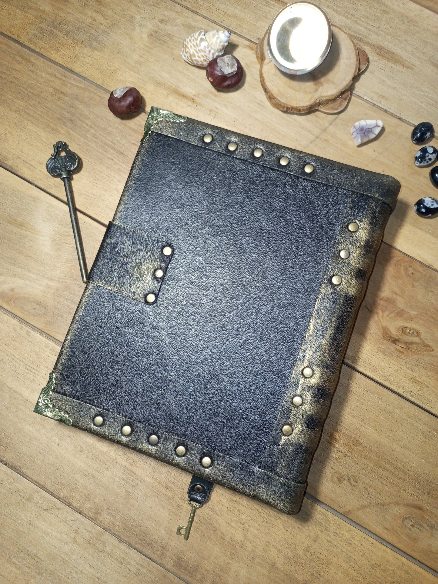 Triple Moon Goddess Leather Journal – Black Refillable Grimoire, Wicca Spellbook & Sketchbook