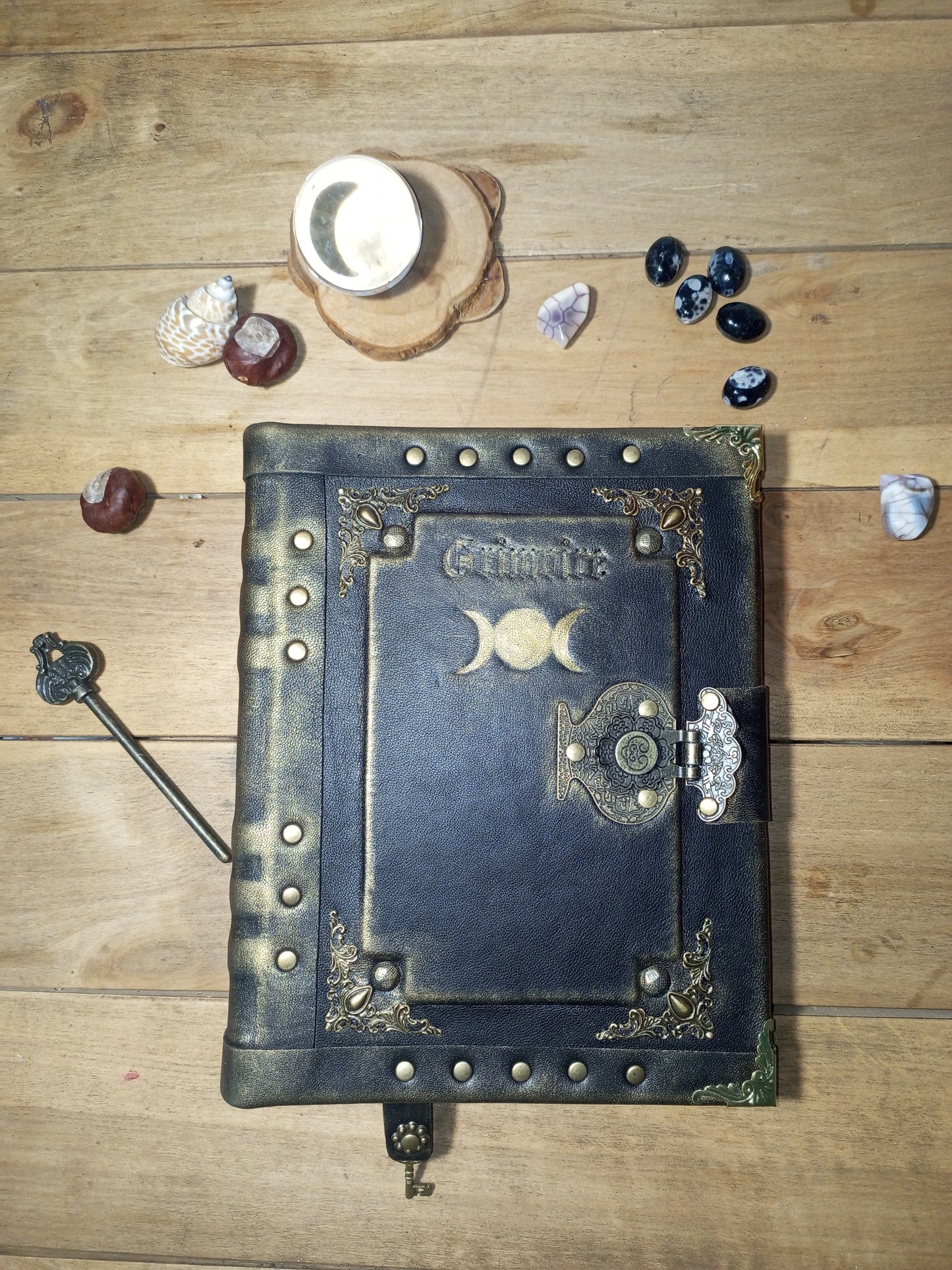 Triple Moon Goddess Leather Journal – Black Refillable Grimoire, Wicca Spellbook & Sketchbook