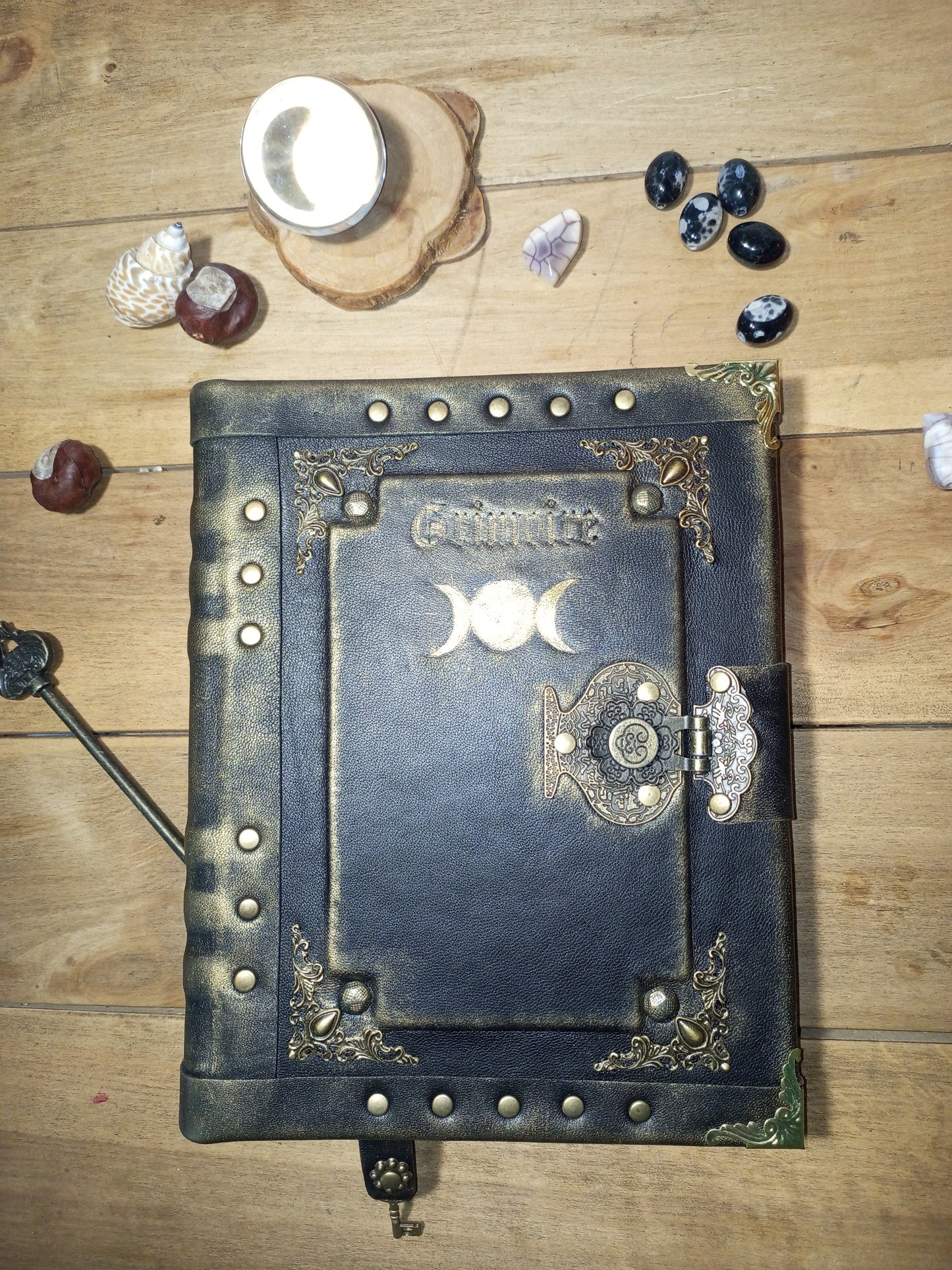 Triple Moon Goddess Leather Journal – Black Refillable Grimoire, Wicca Spellbook & Sketchbook