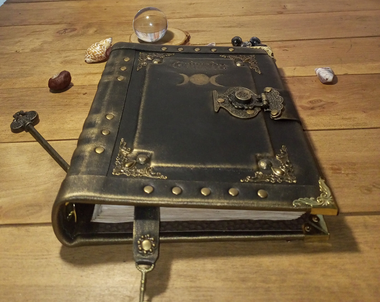 Triple Moon Goddess Leather Journal – Black Refillable Grimoire, Wicca Spellbook & Sketchbook