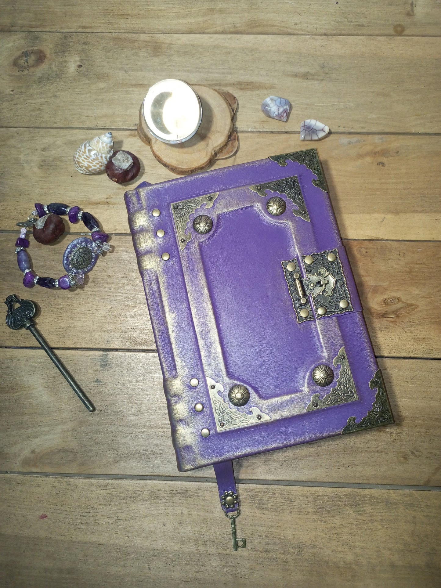 Purple Gothic Leather Grimoire – Aged Lilac Journal with Antique Lock, Handmade Book of Shadows