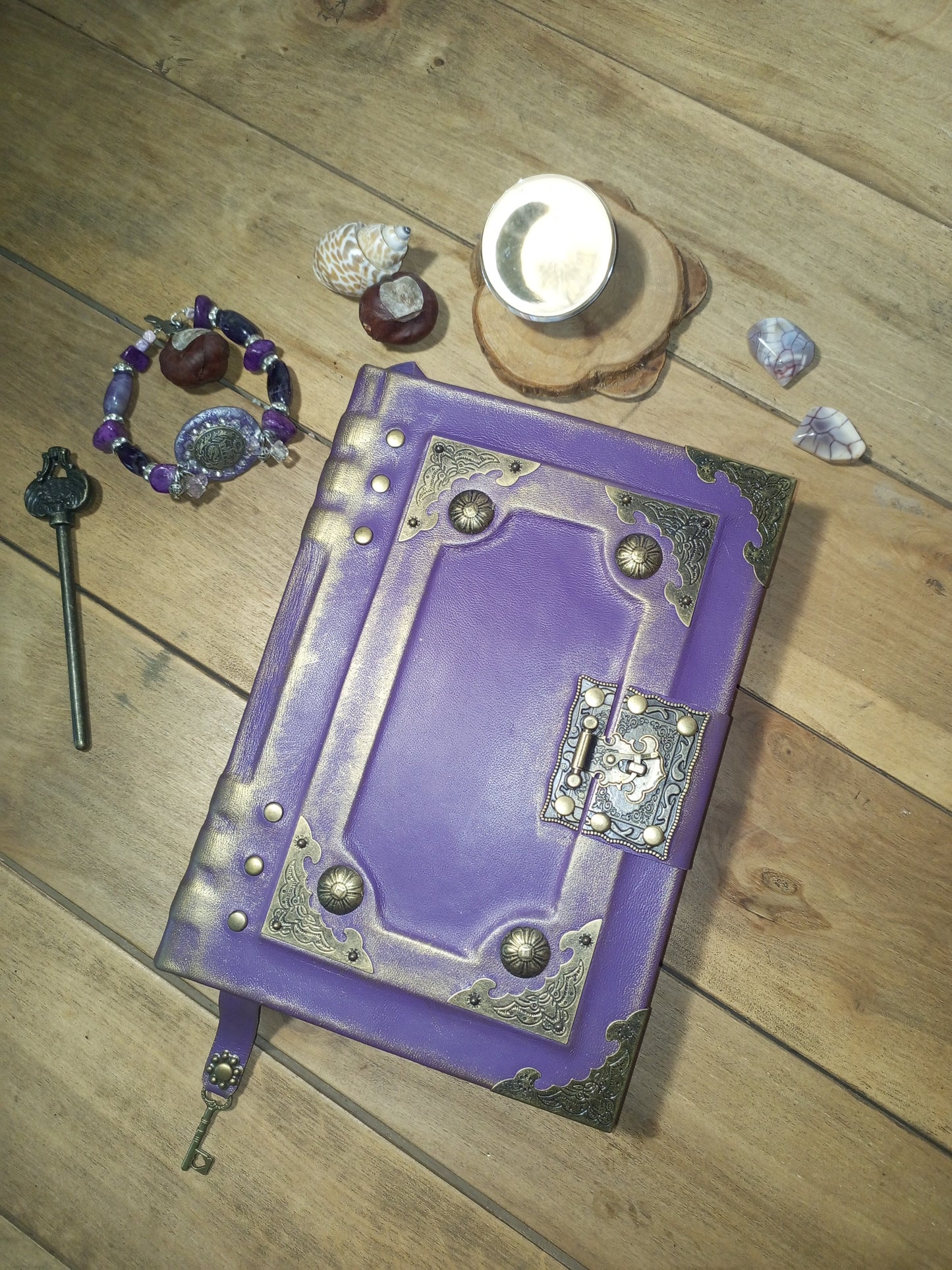 Purple Gothic Leather Grimoire – Aged Lilac Journal with Antique Lock, Handmade Book of Shadows