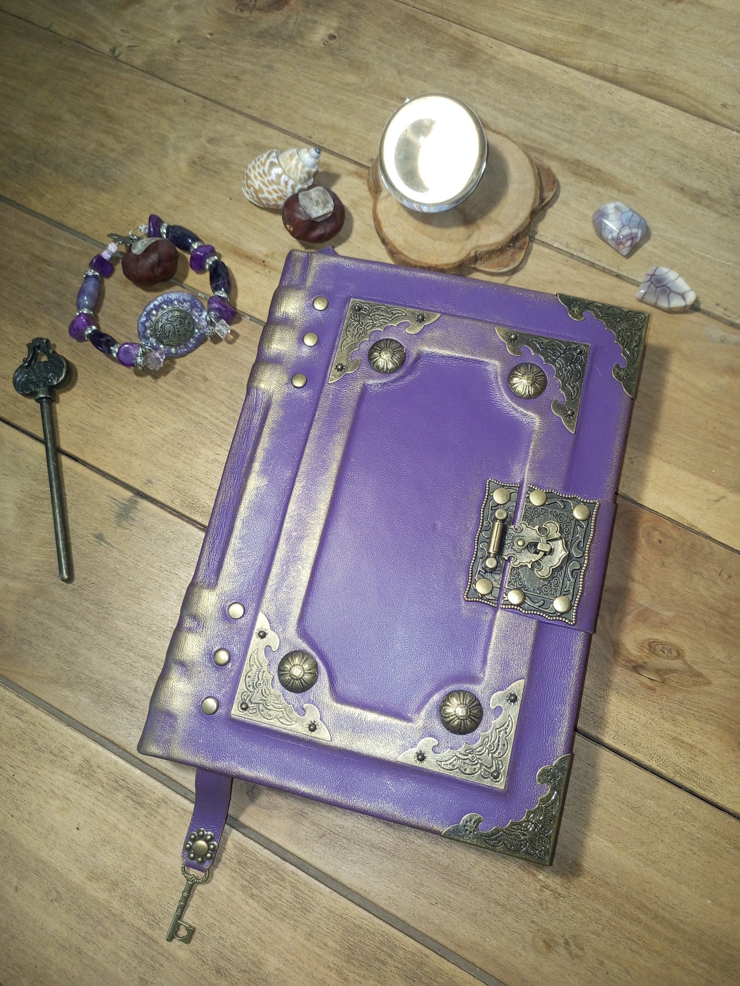 Purple Gothic Leather Grimoire – Aged Lilac Journal with Antique Lock, Handmade Book of Shadows