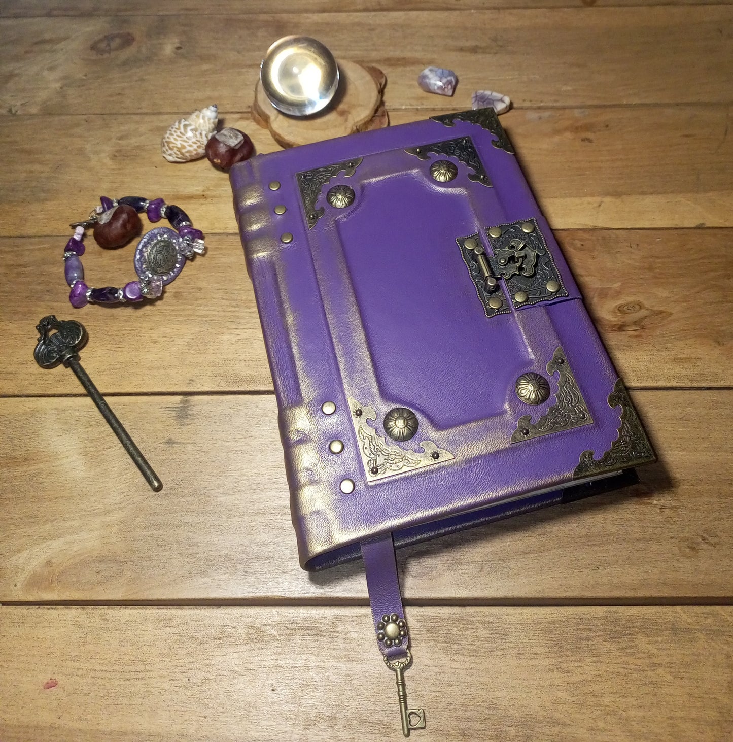 Purple Gothic Leather Grimoire – Aged Lilac Journal with Antique Lock, Handmade Book of Shadows