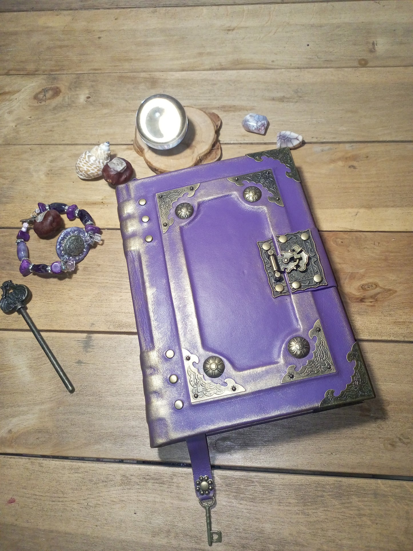 Purple Gothic Leather Grimoire – Aged Lilac Journal with Antique Lock, Handmade Book of Shadows