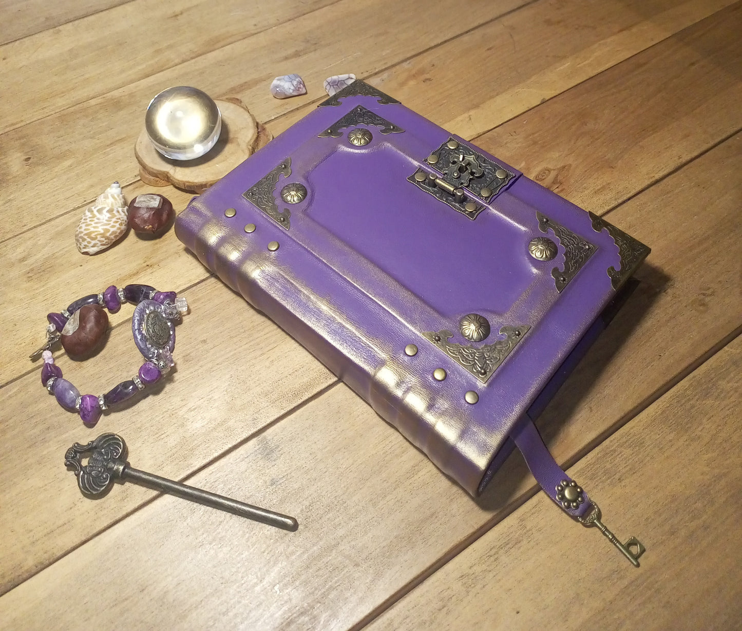 Purple Gothic Leather Grimoire – Aged Lilac Journal with Antique Lock, Handmade Book of Shadows