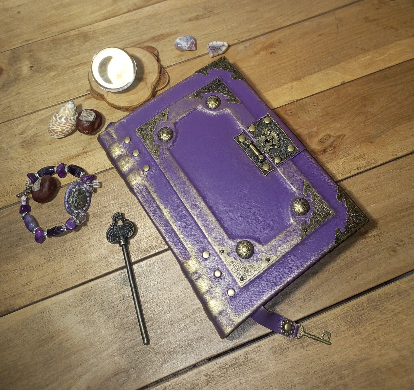Purple Gothic Leather Grimoire – Aged Lilac Journal with Antique Lock, Handmade Book of Shadows