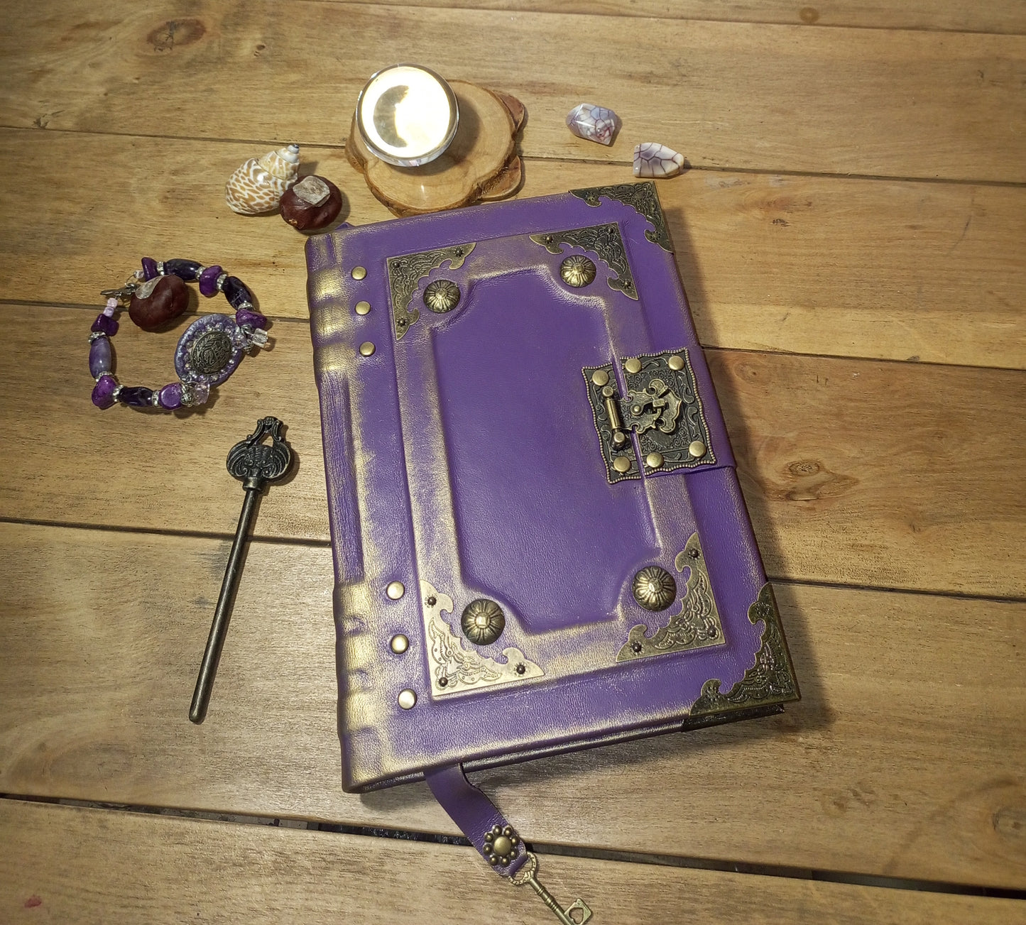 Purple Gothic Leather Grimoire – Aged Lilac Journal with Antique Lock, Handmade Book of Shadows