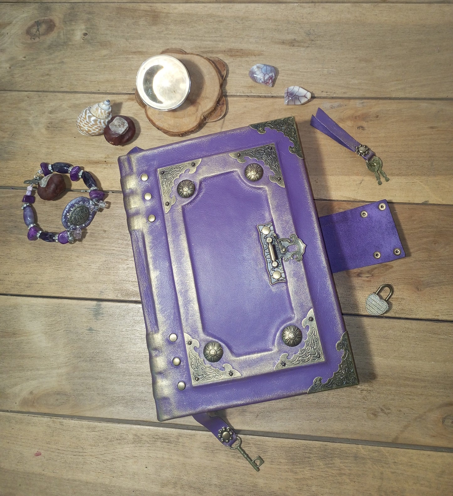 Purple Gothic Leather Grimoire – Aged Lilac Journal with Antique Lock, Handmade Book of Shadows