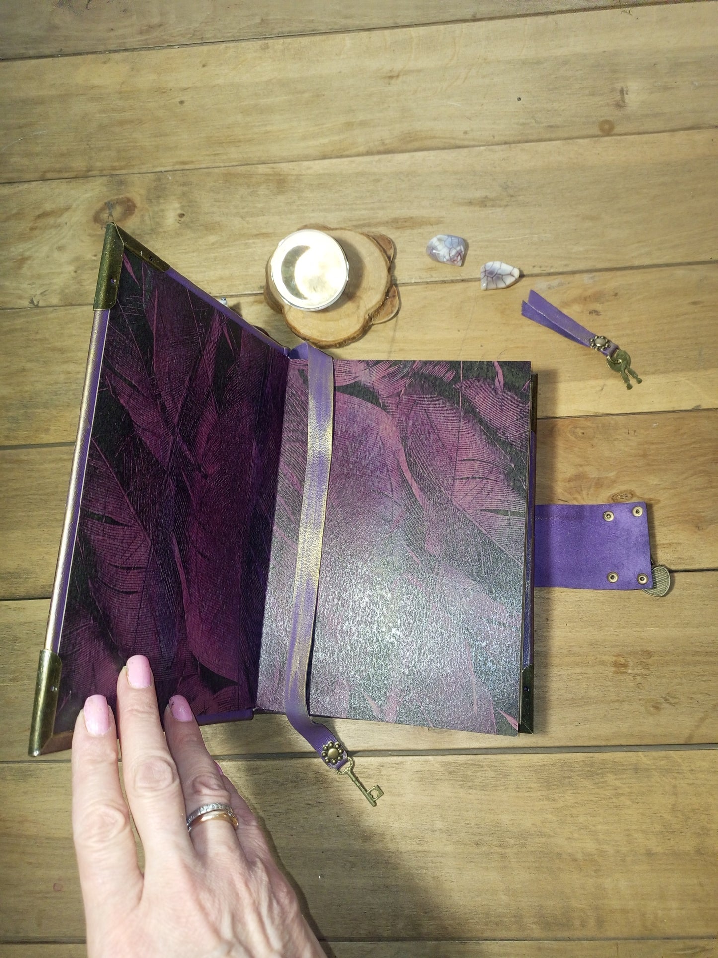 Purple Gothic Leather Grimoire – Aged Lilac Journal with Antique Lock, Handmade Book of Shadows