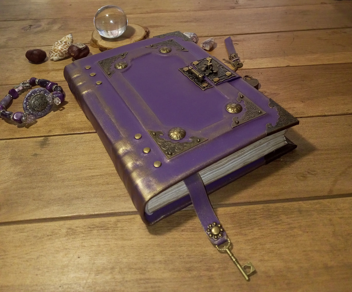 Purple Gothic Leather Grimoire – Aged Lilac Journal with Antique Lock, Handmade Book of Shadows
