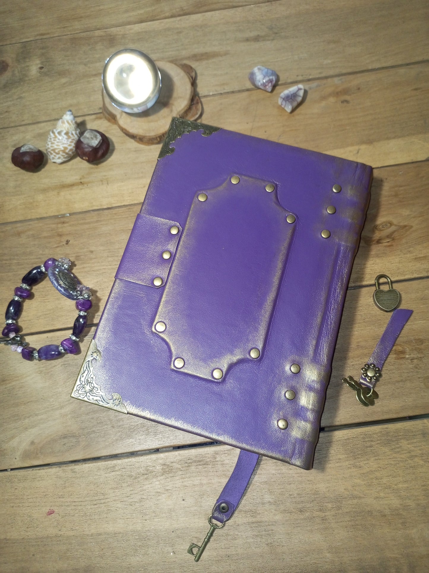 Purple Gothic Leather Grimoire – Aged Lilac Journal with Antique Lock, Handmade Book of Shadows