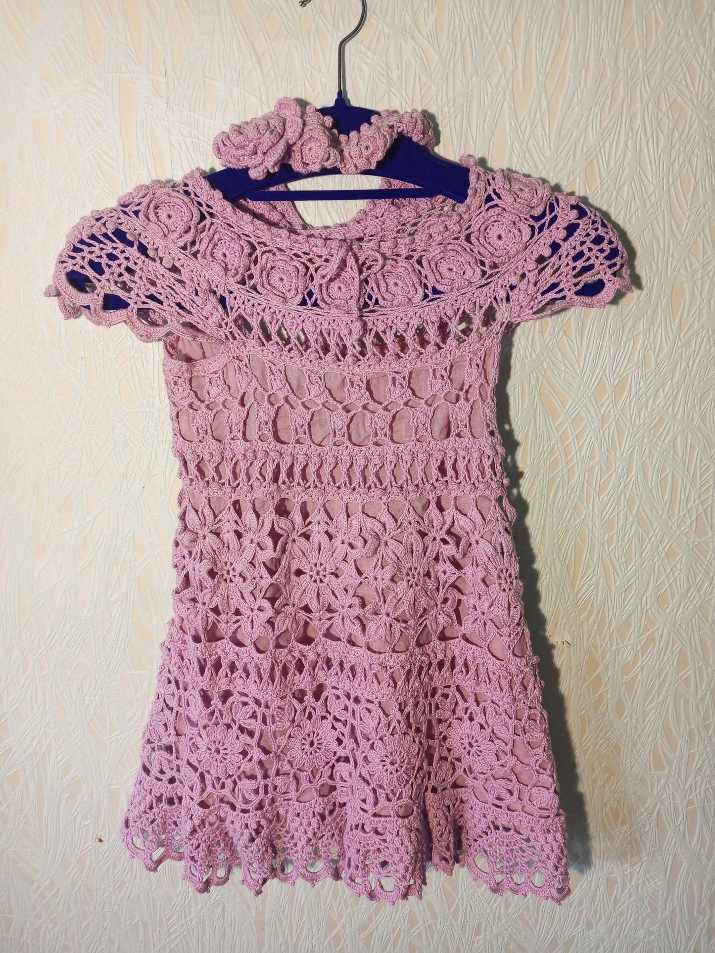 Handmade Pink Crochet Dress for Girls with Floral Lace Baptism Girl Dress