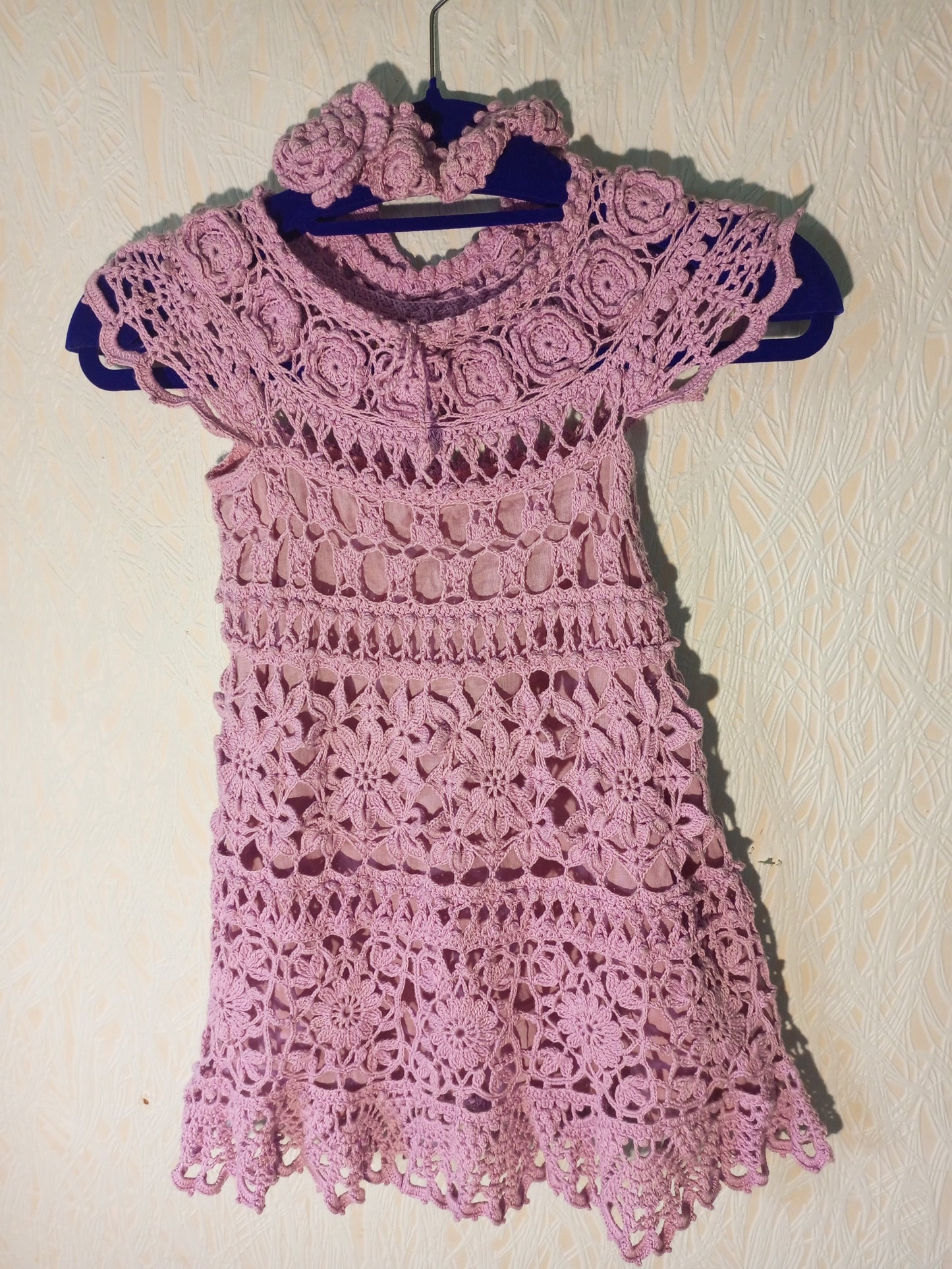 Handmade Pink Crochet Dress for Girls with Floral Lace Baptism Girl Dress