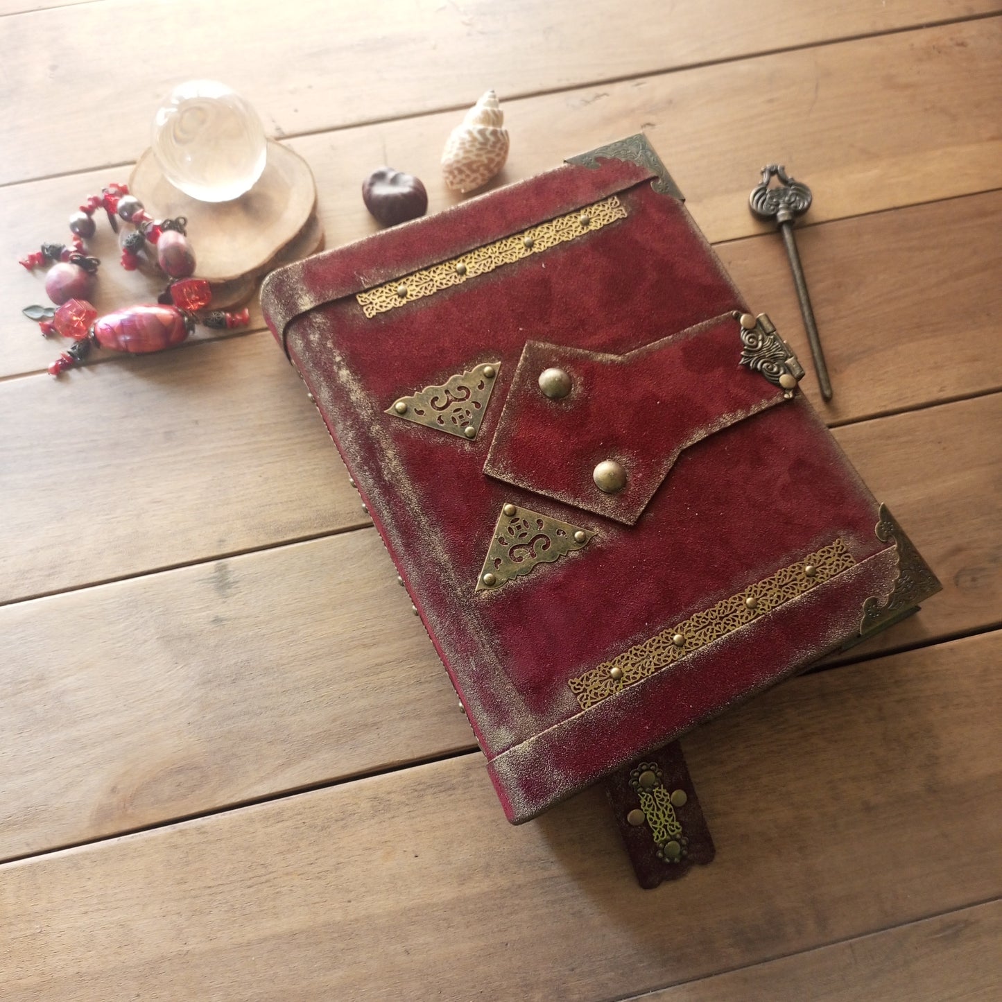 Red Suede Grimoire with Antique Lock –  Refillable 6-Ring Hardcover Binder Handmade Blood Red Leather Journal, Medieval Grimoire Aged Blank Notebook