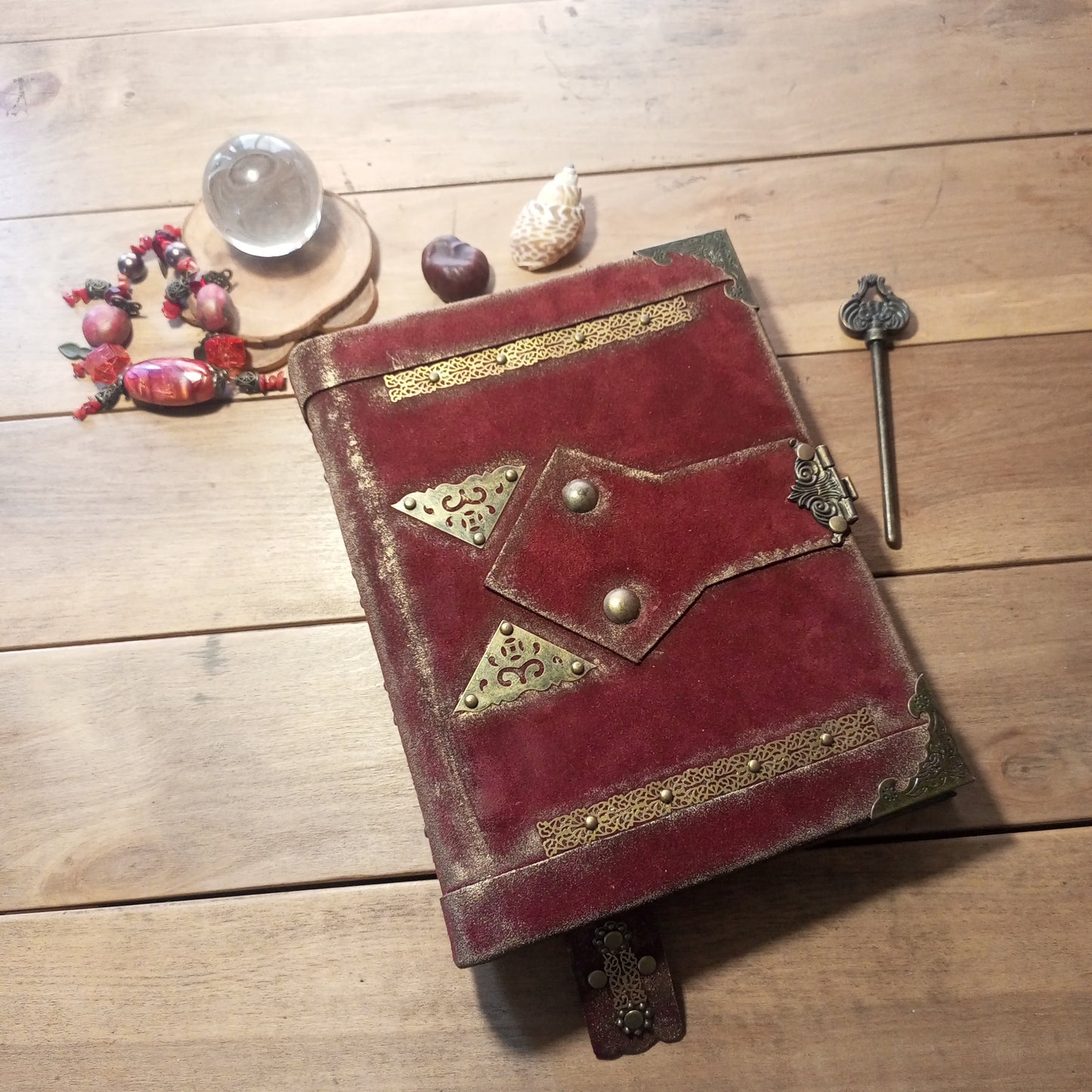 Red Suede Grimoire with Antique Lock –  Refillable 6-Ring Hardcover Binder Handmade Blood Red Leather Journal, Medieval Grimoire Aged Blank Notebook