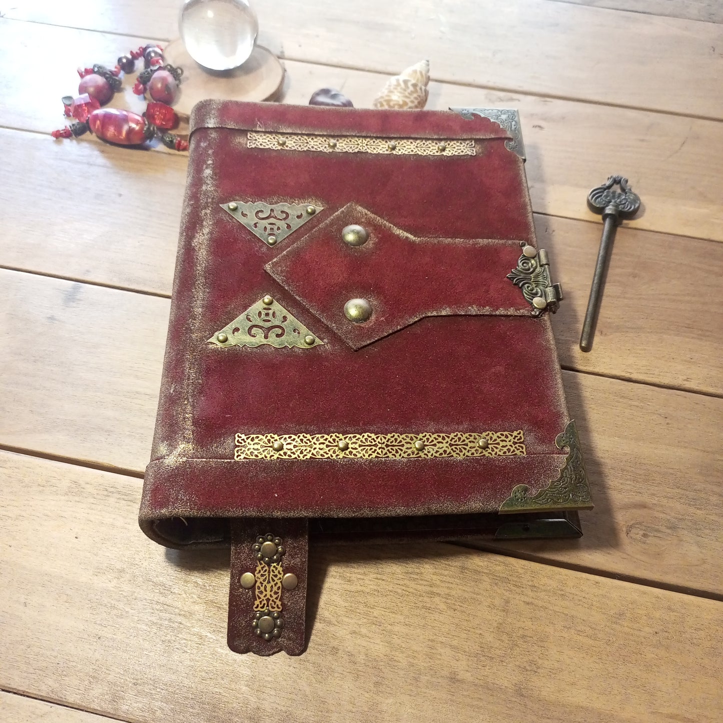 Red Suede Grimoire with Antique Lock –  Refillable 6-Ring Hardcover Binder Handmade Blood Red Leather Journal, Medieval Grimoire Aged Blank Notebook
