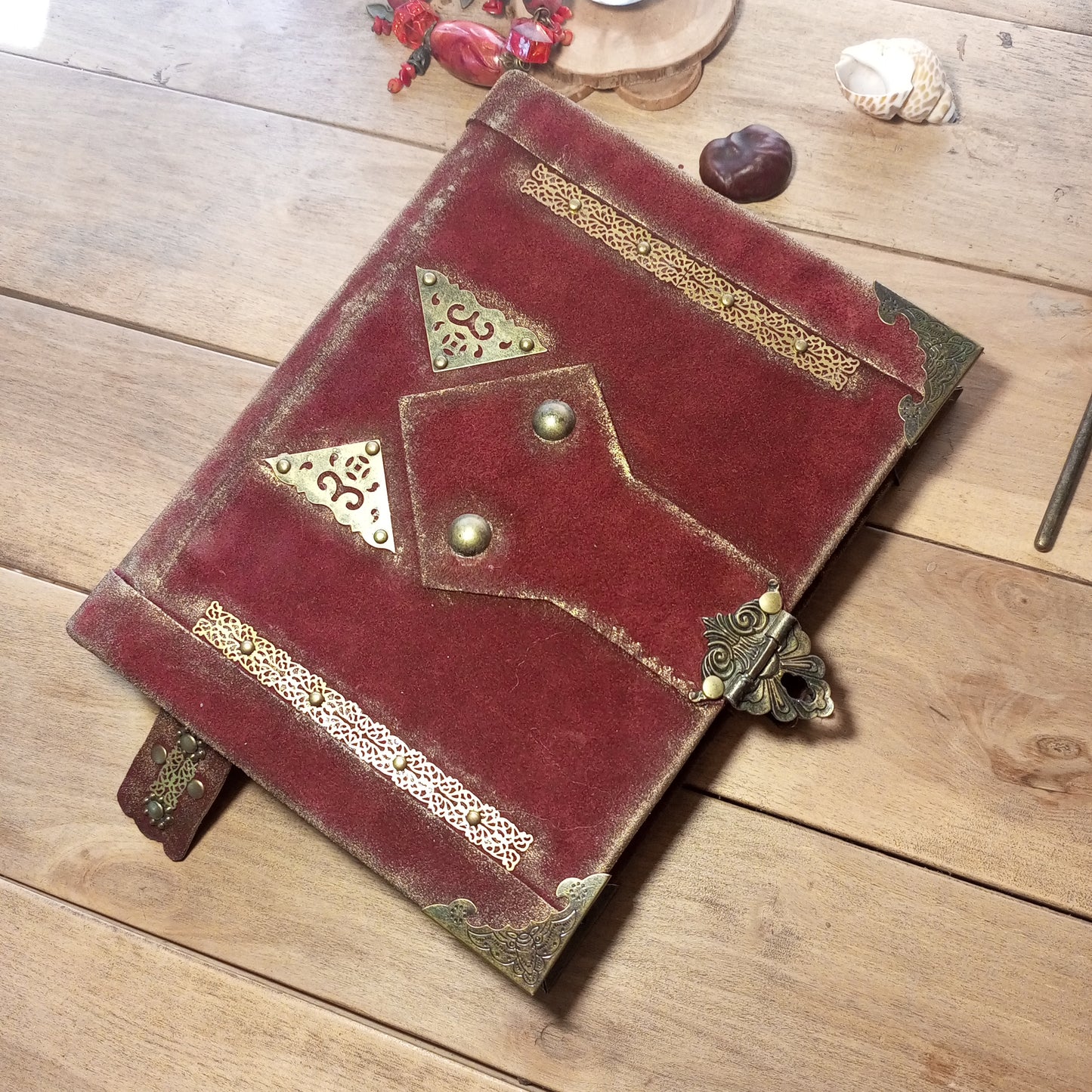Red Suede Grimoire with Antique Lock –  Refillable 6-Ring Hardcover Binder Handmade Blood Red Leather Journal, Medieval Grimoire Aged Blank Notebook