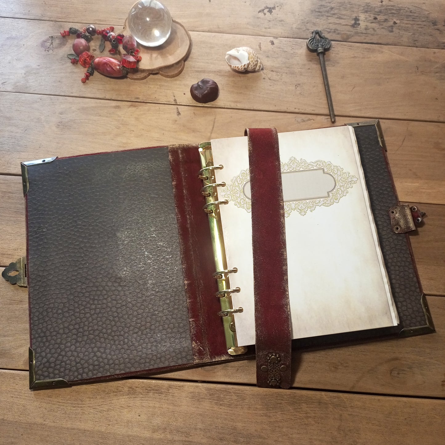Red Suede Grimoire with Antique Lock –  Refillable 6-Ring Hardcover Binder Handmade Blood Red Leather Journal, Medieval Grimoire Aged Blank Notebook