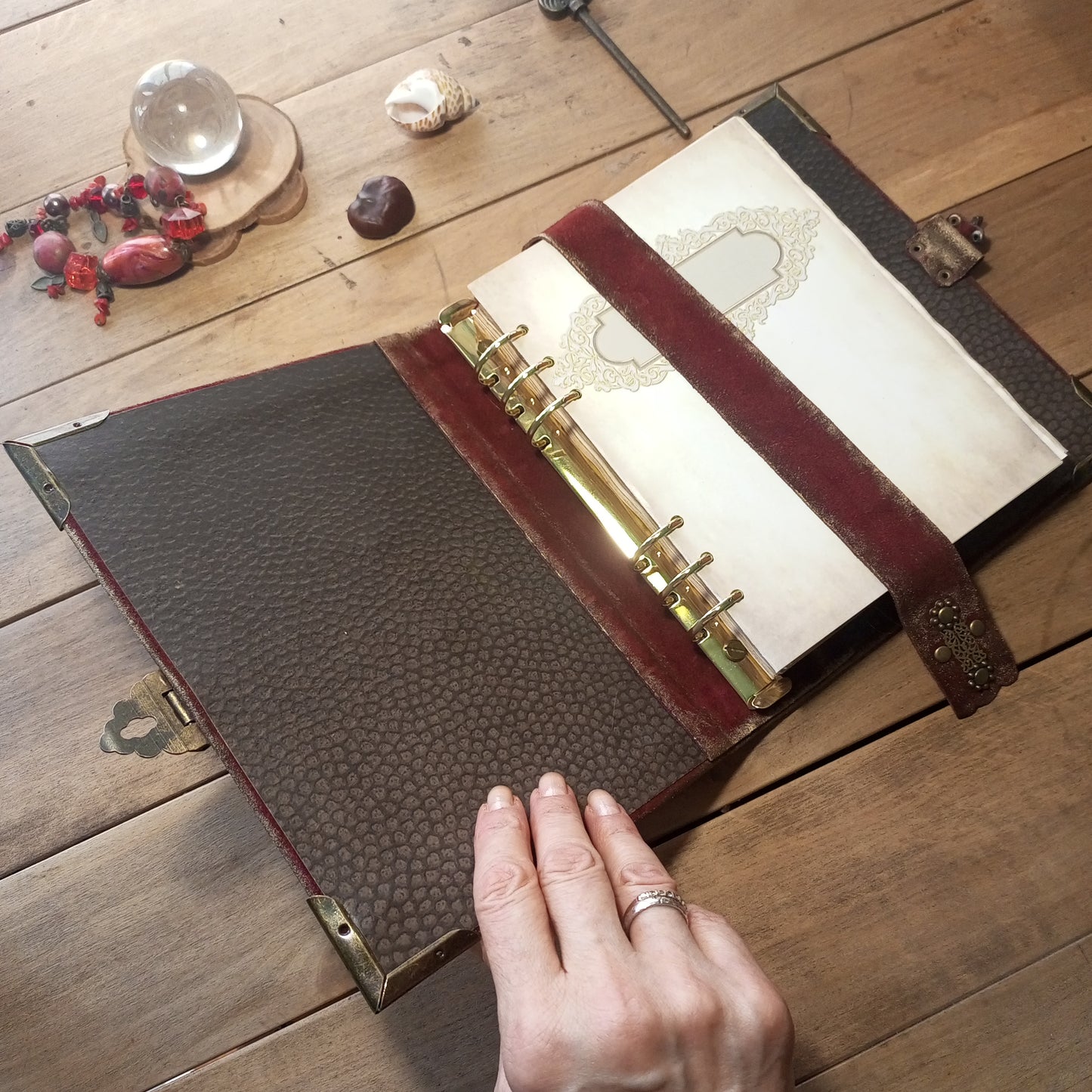 Red Suede Grimoire with Antique Lock –  Refillable 6-Ring Hardcover Binder Handmade Blood Red Leather Journal, Medieval Grimoire Aged Blank Notebook