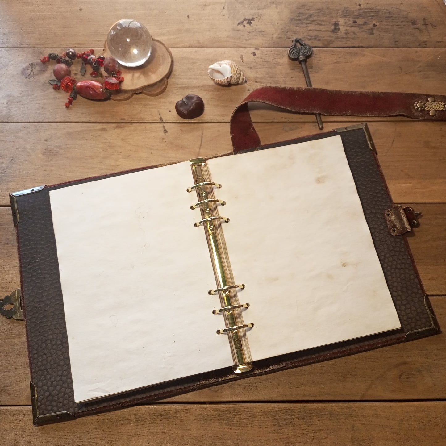 Red Suede Grimoire with Antique Lock –  Refillable 6-Ring Hardcover Binder Handmade Blood Red Leather Journal, Medieval Grimoire Aged Blank Notebook