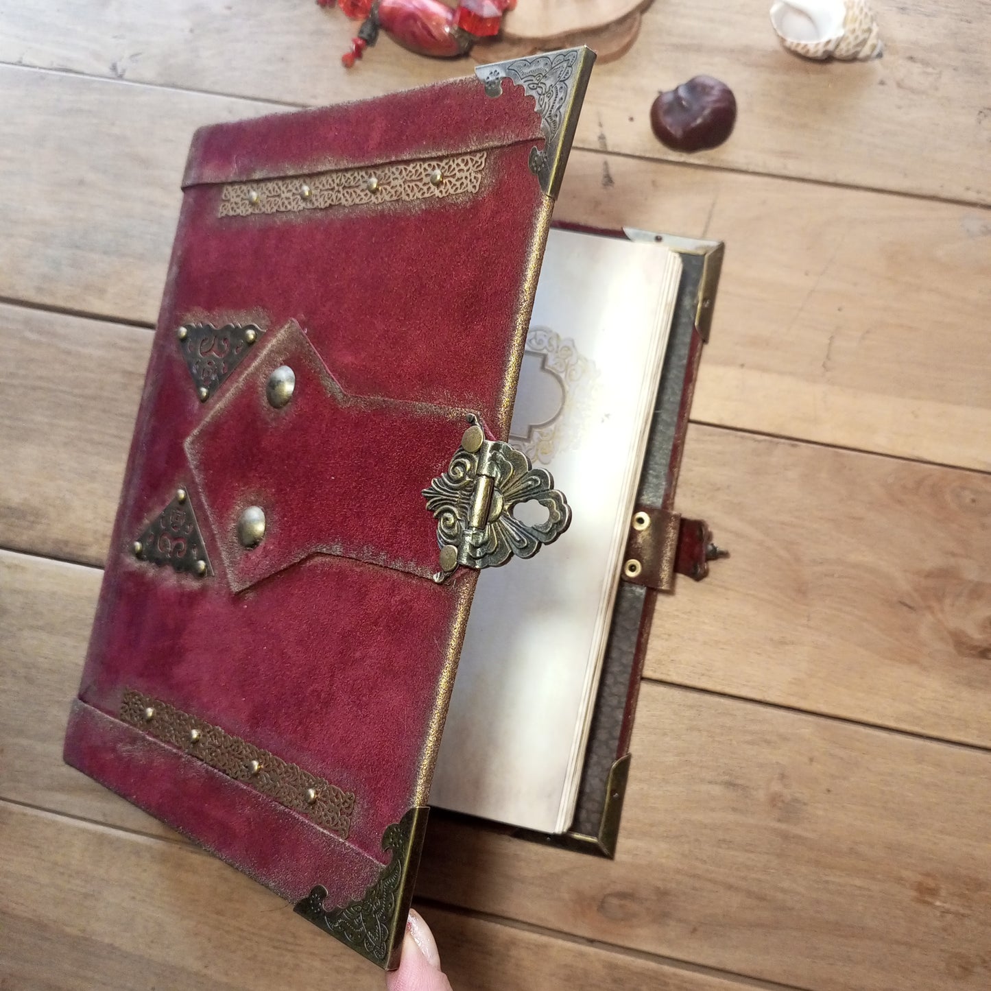 Red Suede Grimoire with Antique Lock –  Refillable 6-Ring Hardcover Binder Handmade Blood Red Leather Journal, Medieval Grimoire Aged Blank Notebook