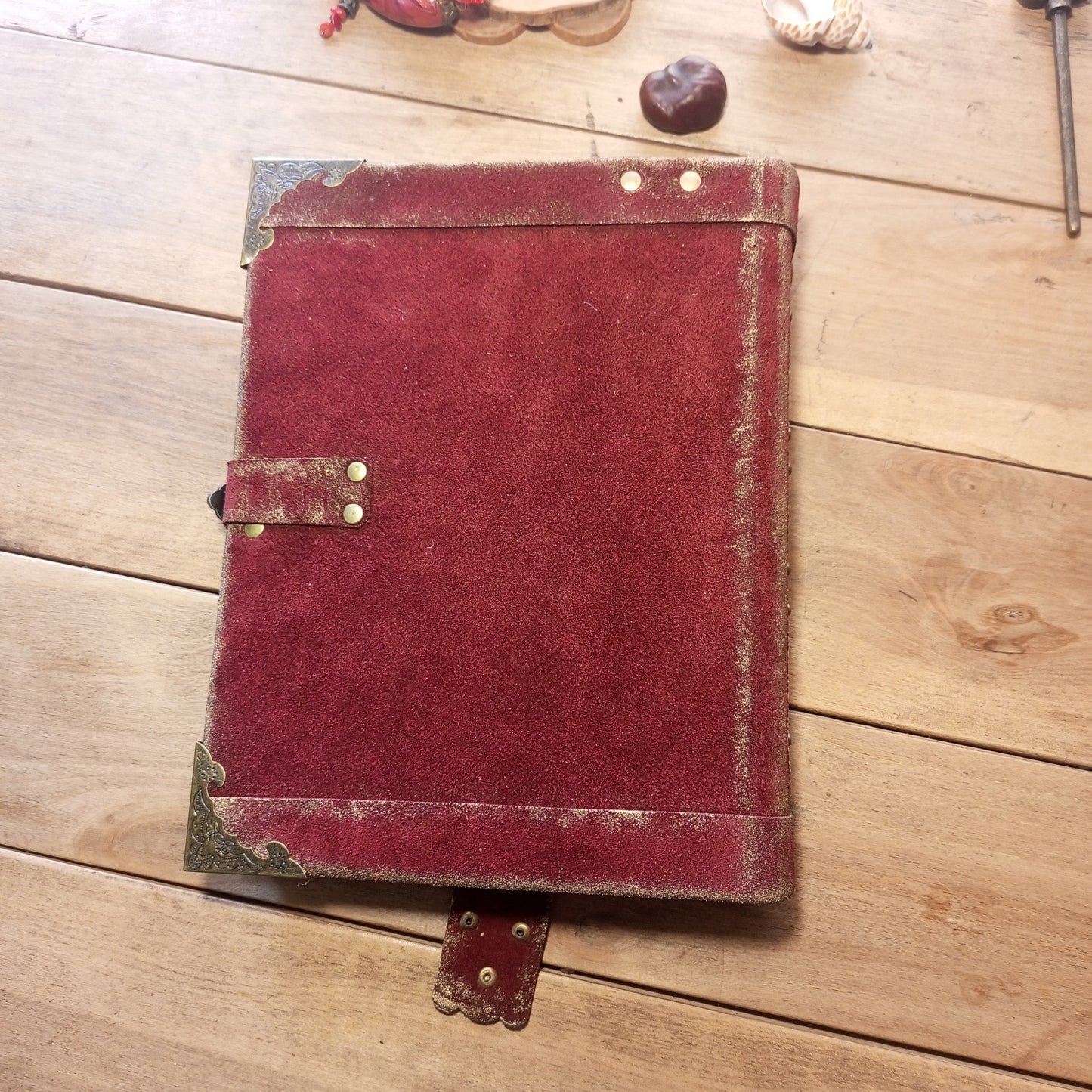 Red Suede Grimoire with Antique Lock –  Refillable 6-Ring Hardcover Binder Handmade Blood Red Leather Journal, Medieval Grimoire Aged Blank Notebook