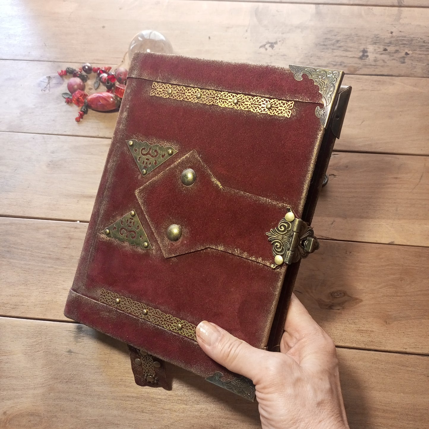 Red Suede Grimoire with Antique Lock –  Refillable 6-Ring Hardcover Binder Handmade Blood Red Leather Journal, Medieval Grimoire Aged Blank Notebook
