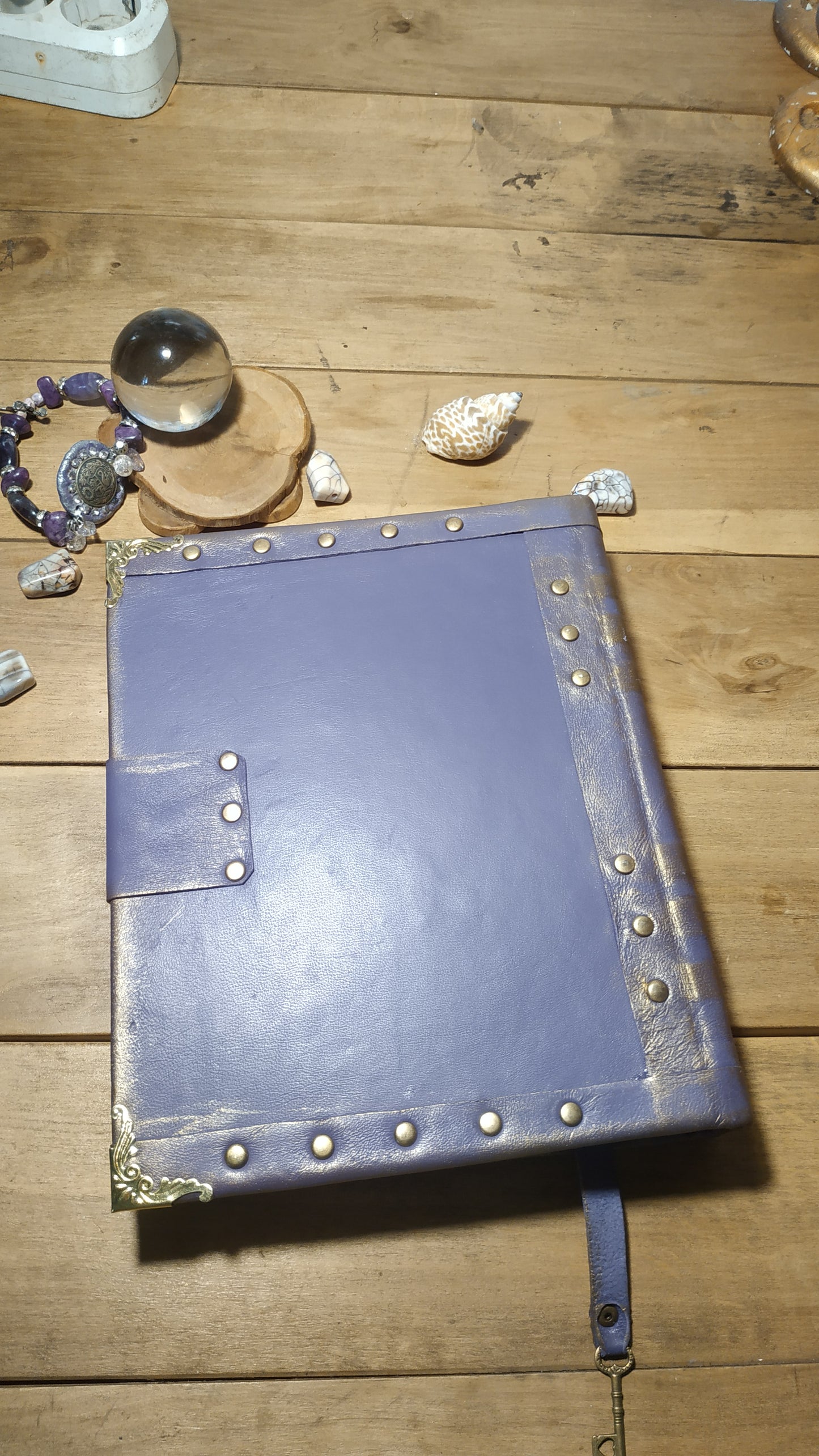 Triple Moon Goddess Purple Leather Grimoire – Handmade Refillable Journal with Ring Binder & Antique Lock
