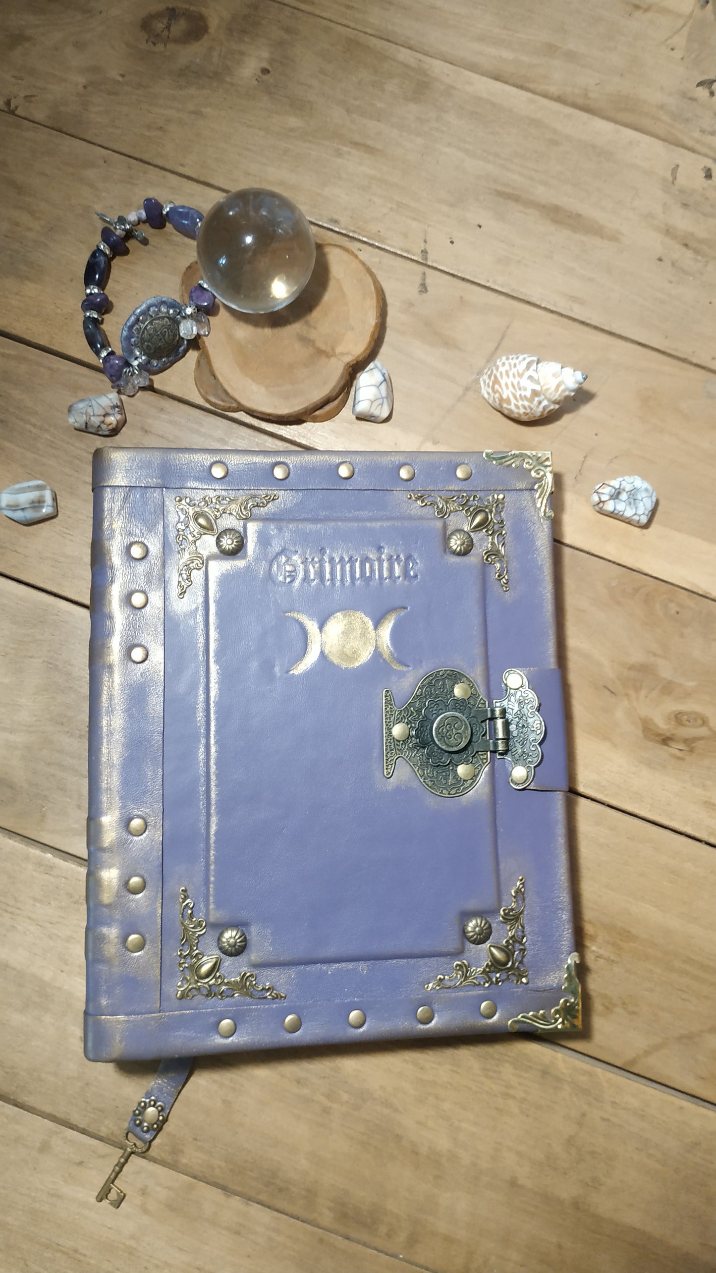 Triple Moon Goddess Purple Leather Grimoire – Handmade Refillable Journal with Ring Binder & Antique Lock
