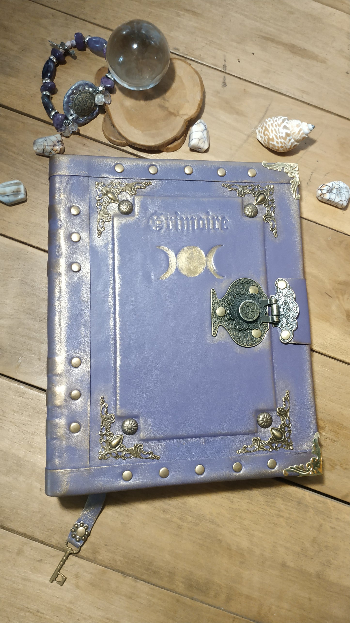 Triple Moon Goddess Purple Leather Grimoire – Handmade Refillable Journal with Ring Binder & Antique Lock