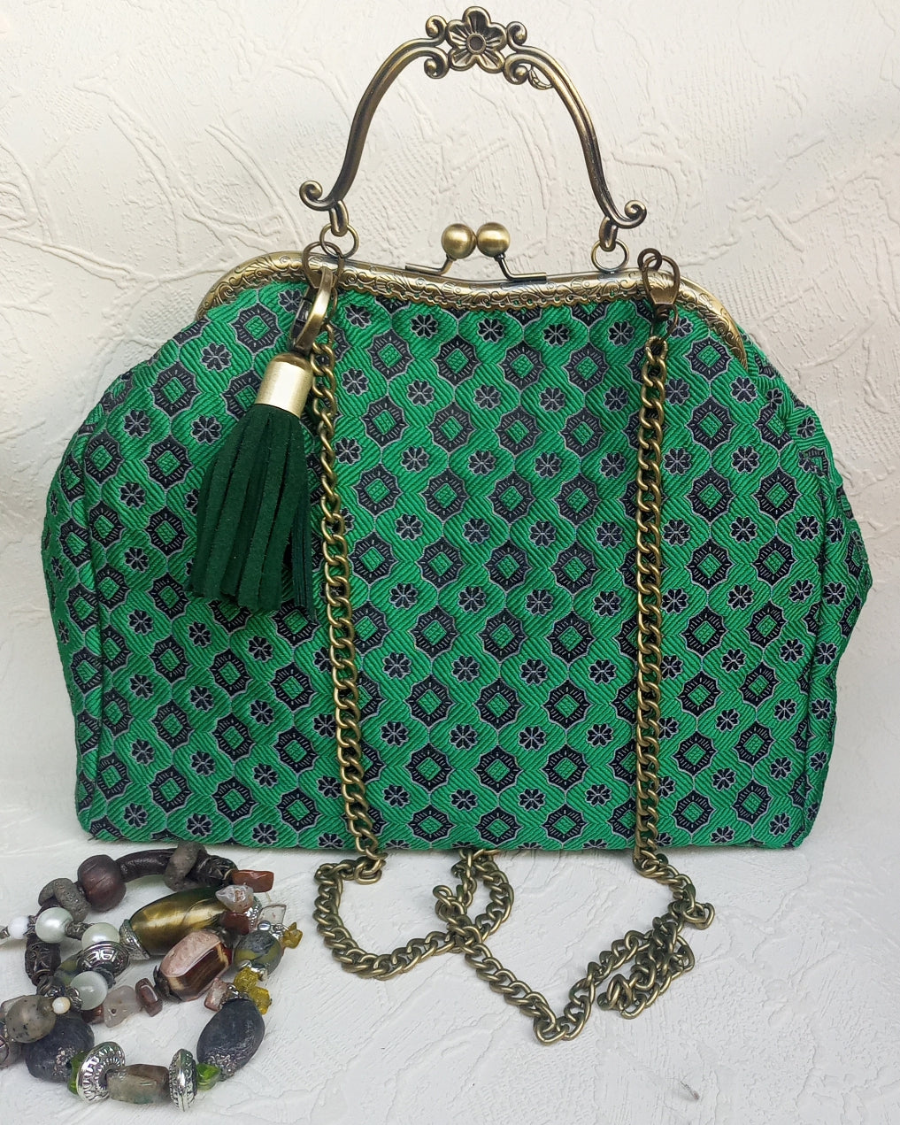 Emerald Green Bohemian Kisslock Bag – Jacquard Fabric Handbag with Chain Strap, Vintage Purse                                                                                                                                                   Frame Purse