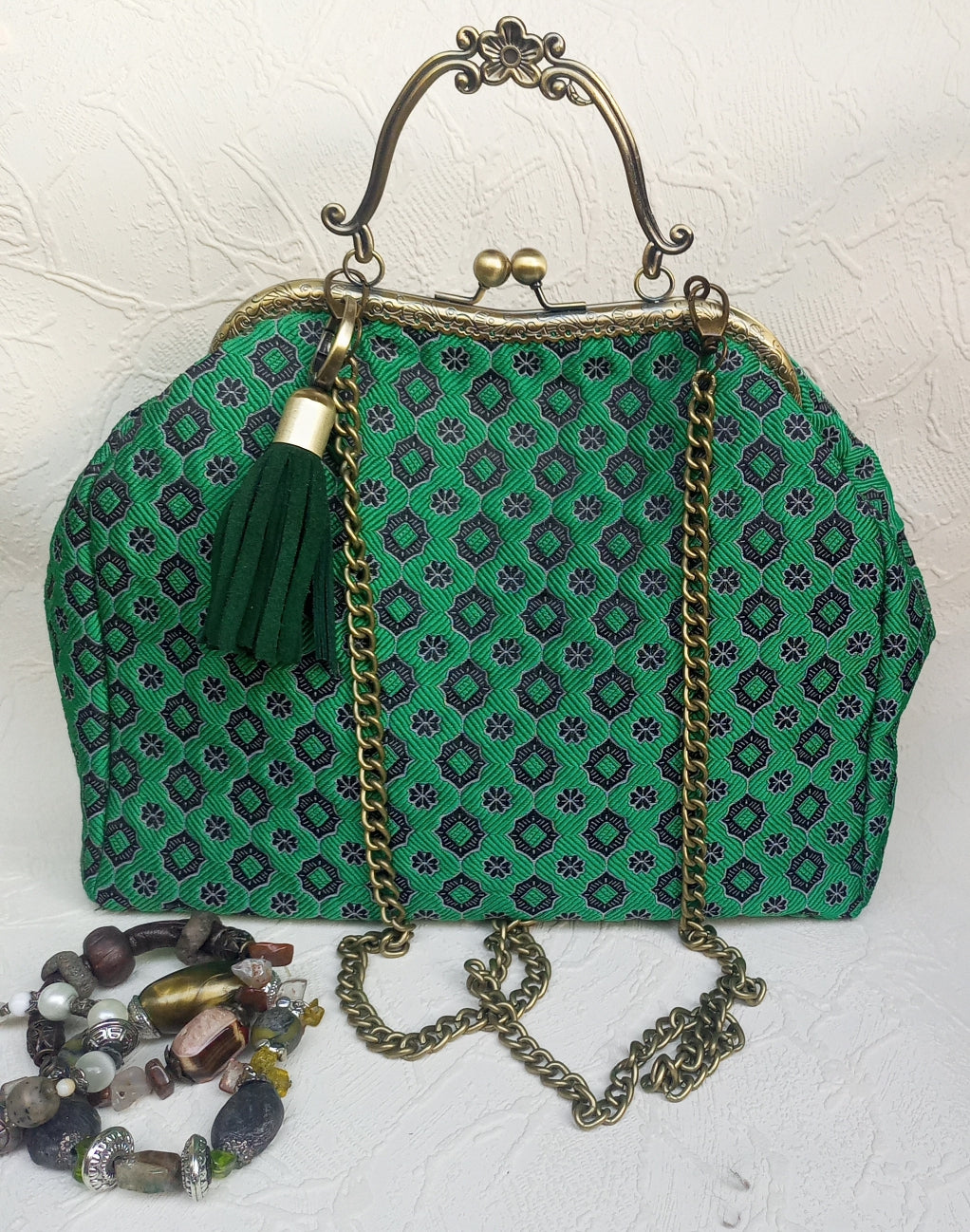 Emerald Green Bohemian Kisslock Bag – Jacquard Fabric Handbag with Chain Strap, Vintage Purse                                                                                                                                                   Frame Purse