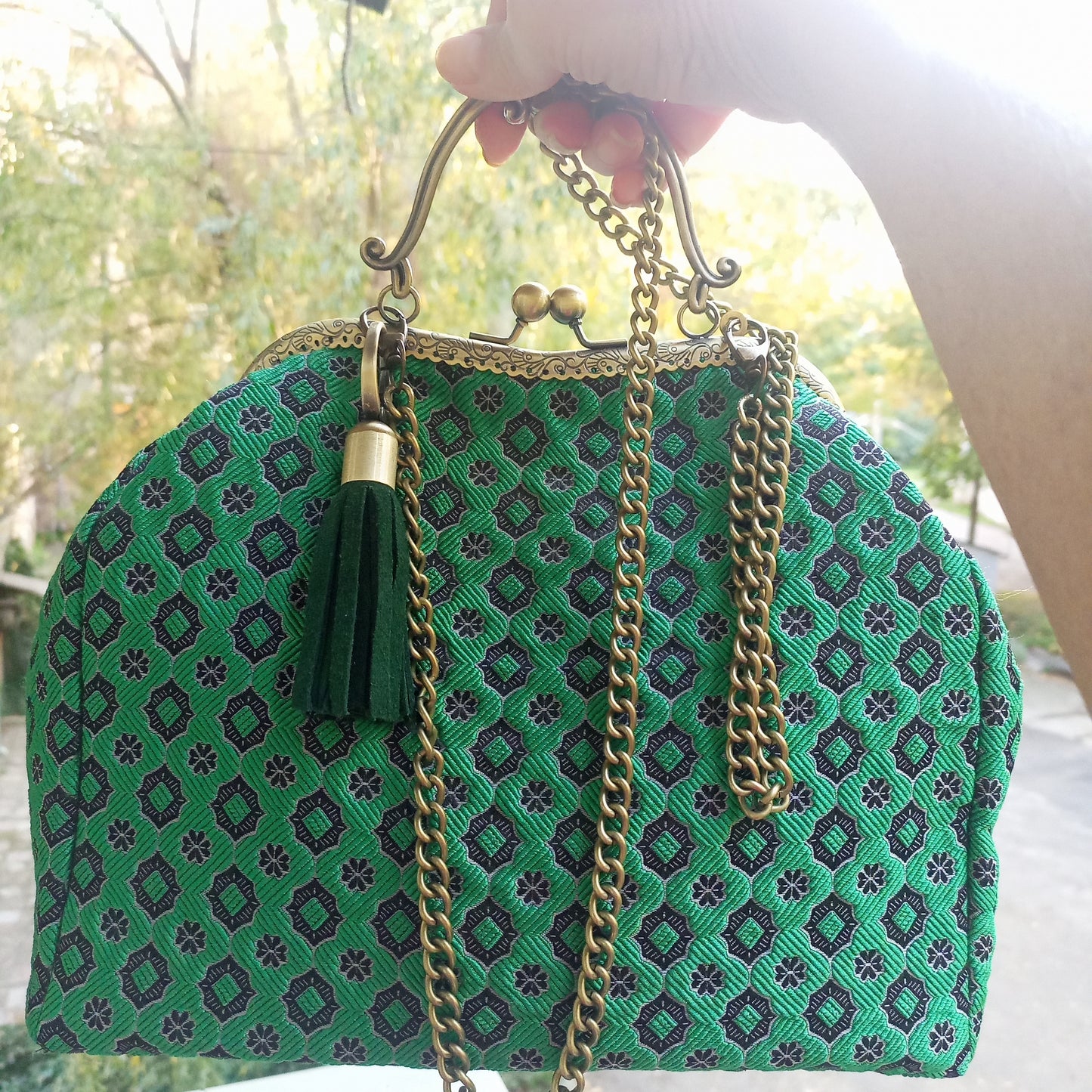 Emerald Green Bohemian Kisslock Bag – Jacquard Fabric Handbag with Chain Strap, Vintage Purse                                                                                                                                                   Frame Purse