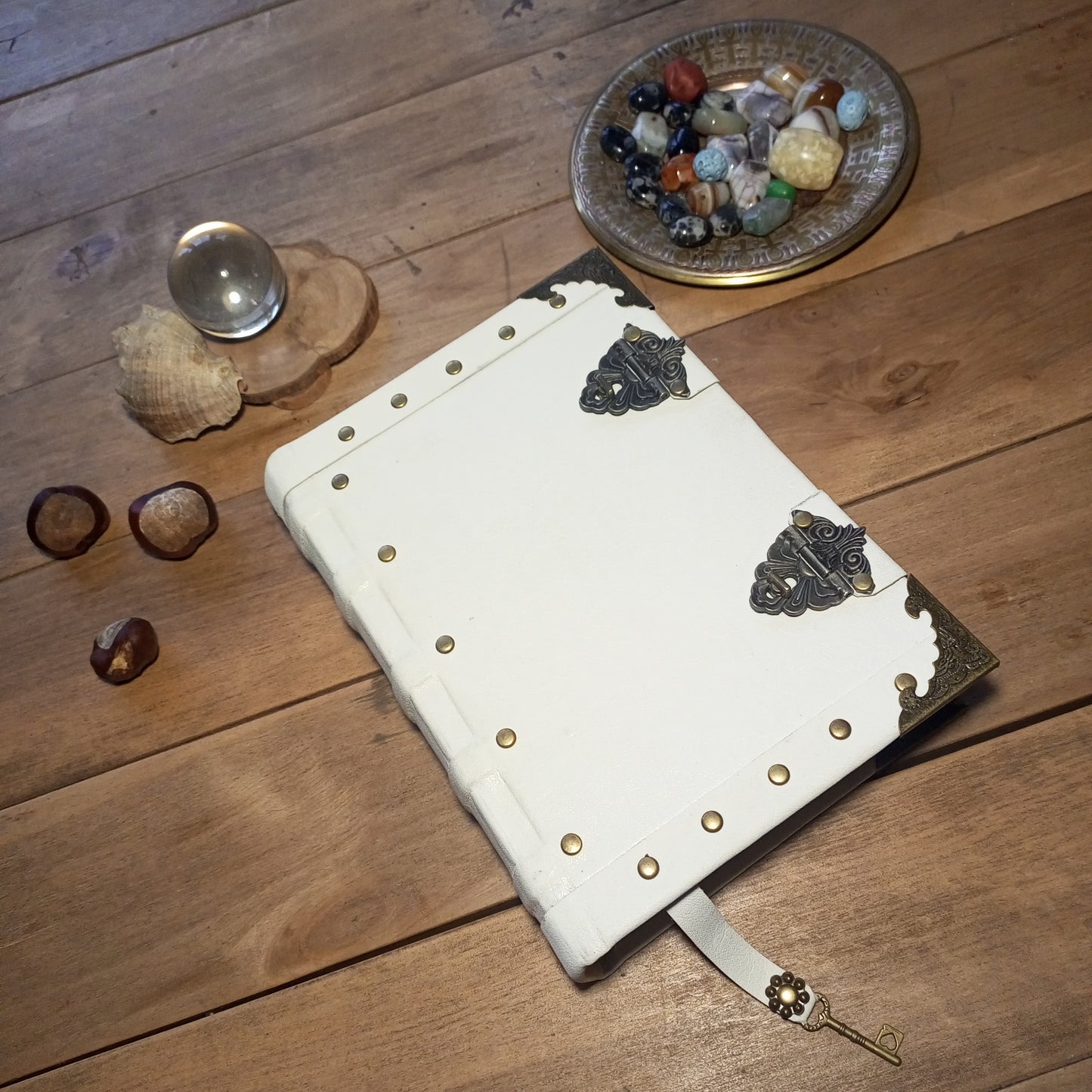 Vintage White Leather Journal with Antique Locks – Handmade Book of Shadows Aged Notebook