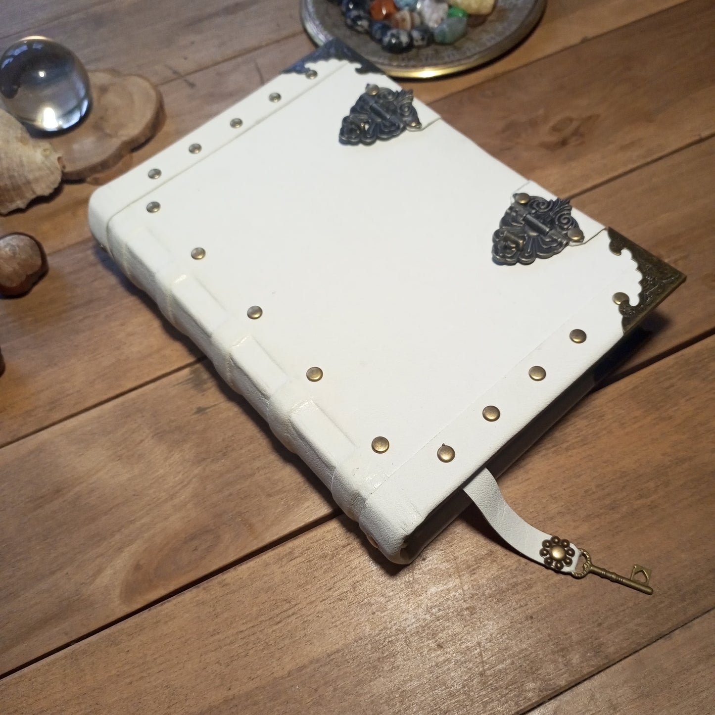 Vintage White Leather Journal with Antique Locks – Handmade Book of Shadows Aged Notebook