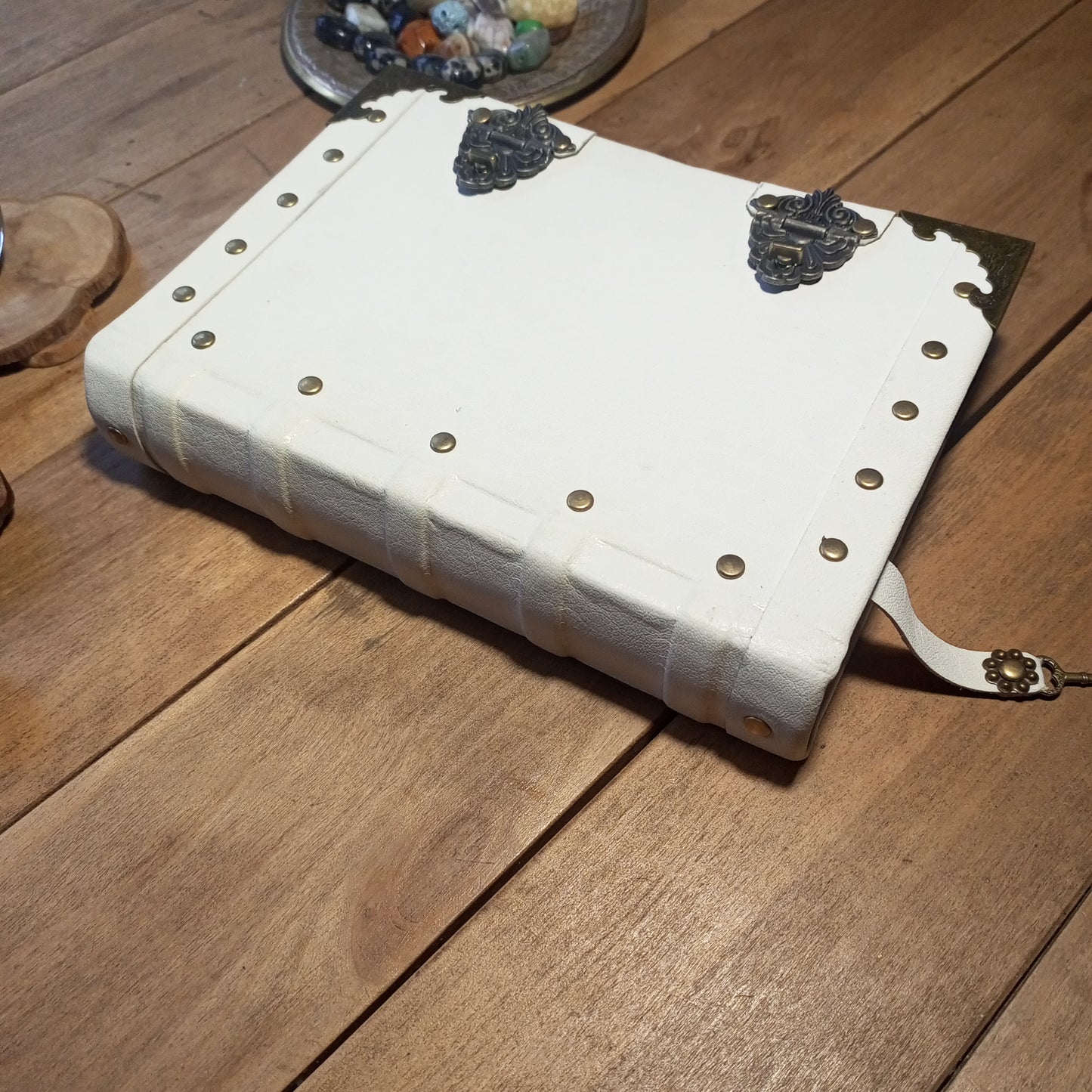 Vintage White Leather Journal with Antique Locks – Handmade Book of Shadows Aged Notebook