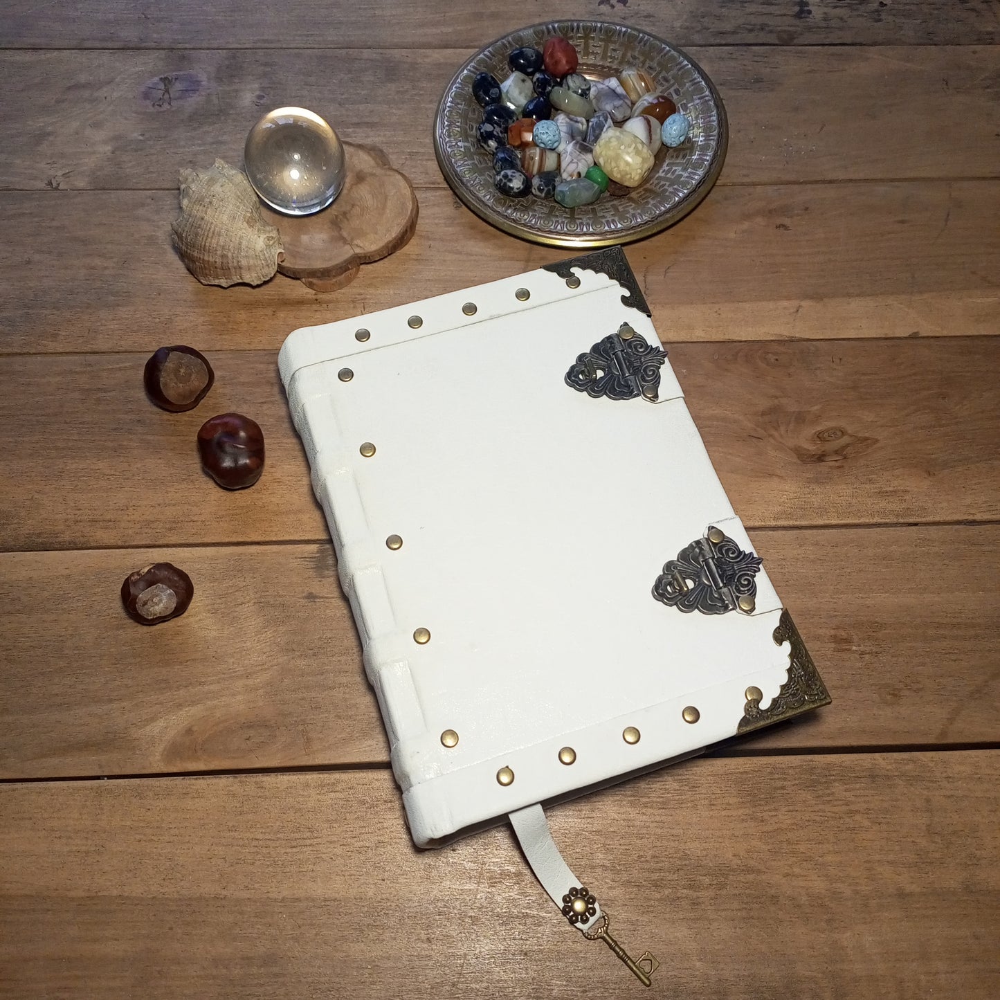 Vintage White Leather Journal with Antique Locks – Handmade Book of Shadows Aged Notebook
