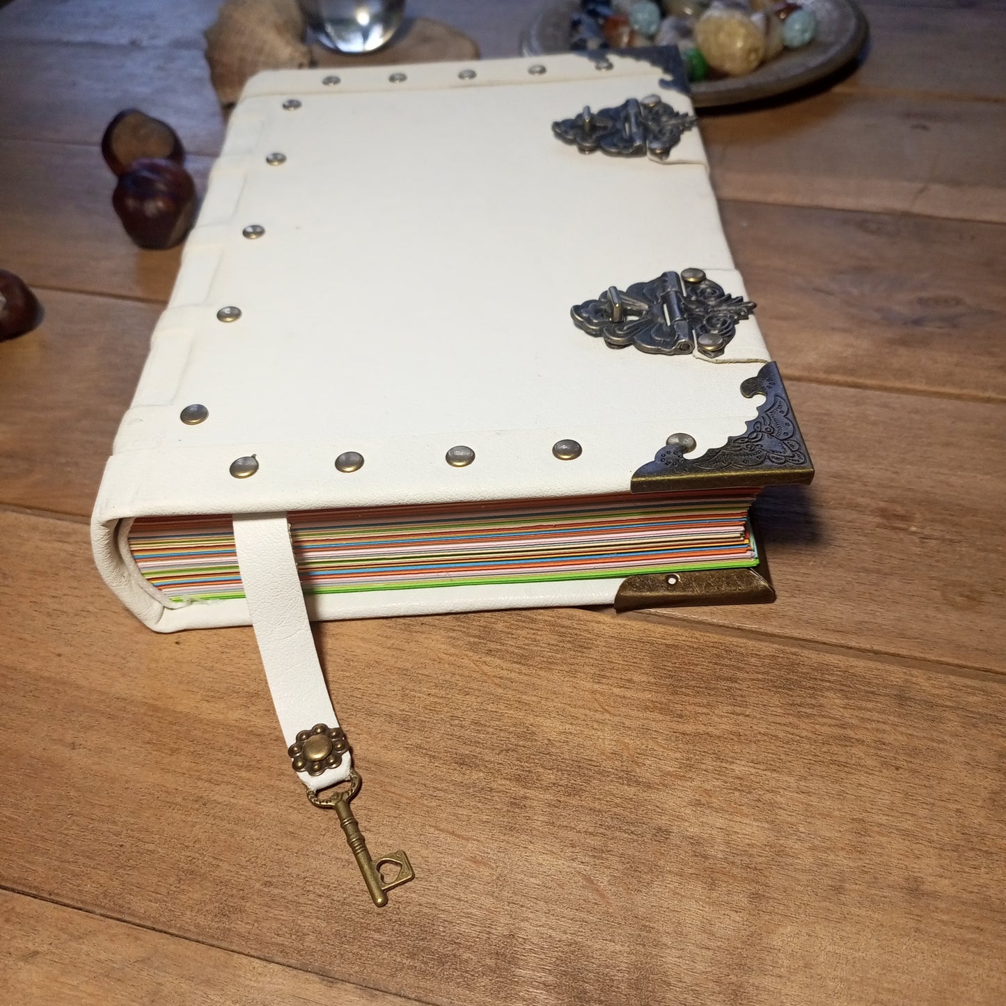 Vintage White Leather Journal with Antique Locks – Handmade Book of Shadows Aged Notebook