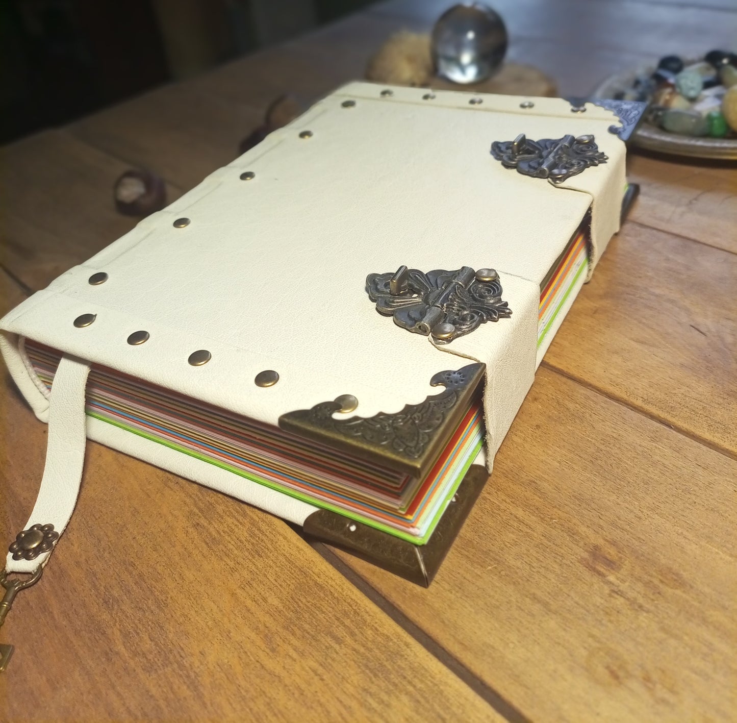 Vintage White Leather Journal with Antique Locks – Handmade Book of Shadows Aged Notebook