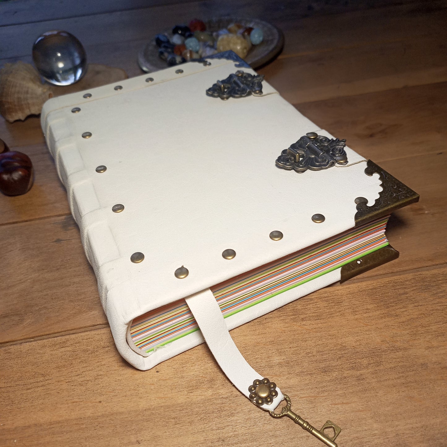 Vintage White Leather Journal with Antique Locks – Handmade Book of Shadows Aged Notebook