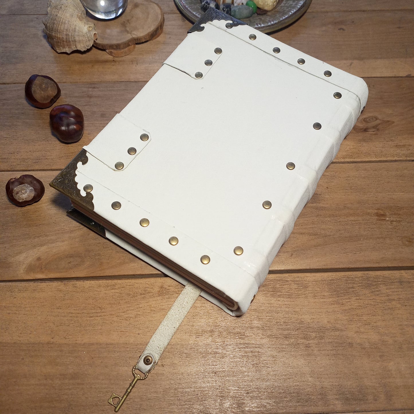 Vintage White Leather Journal with Antique Locks – Handmade Book of Shadows Aged Notebook