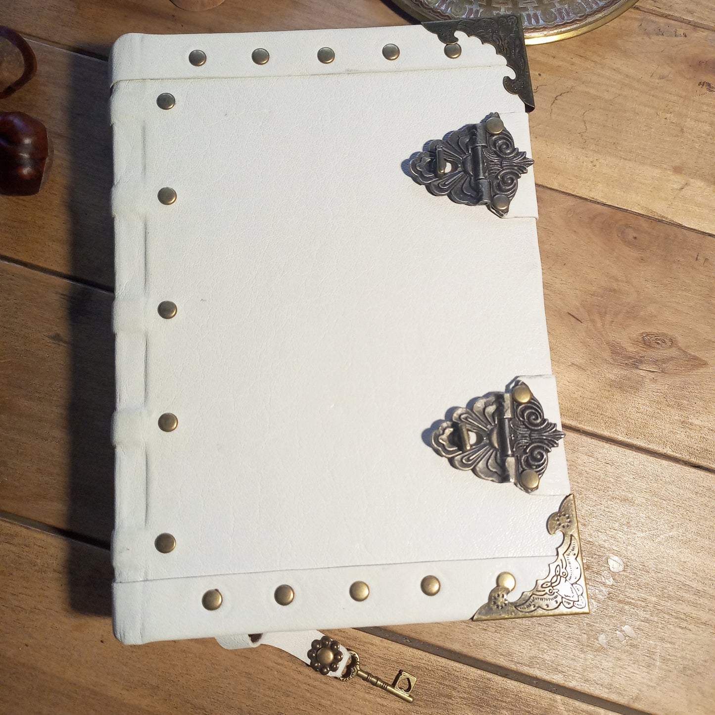 Vintage White Leather Journal with Antique Locks – Handmade Book of Shadows Aged Notebook