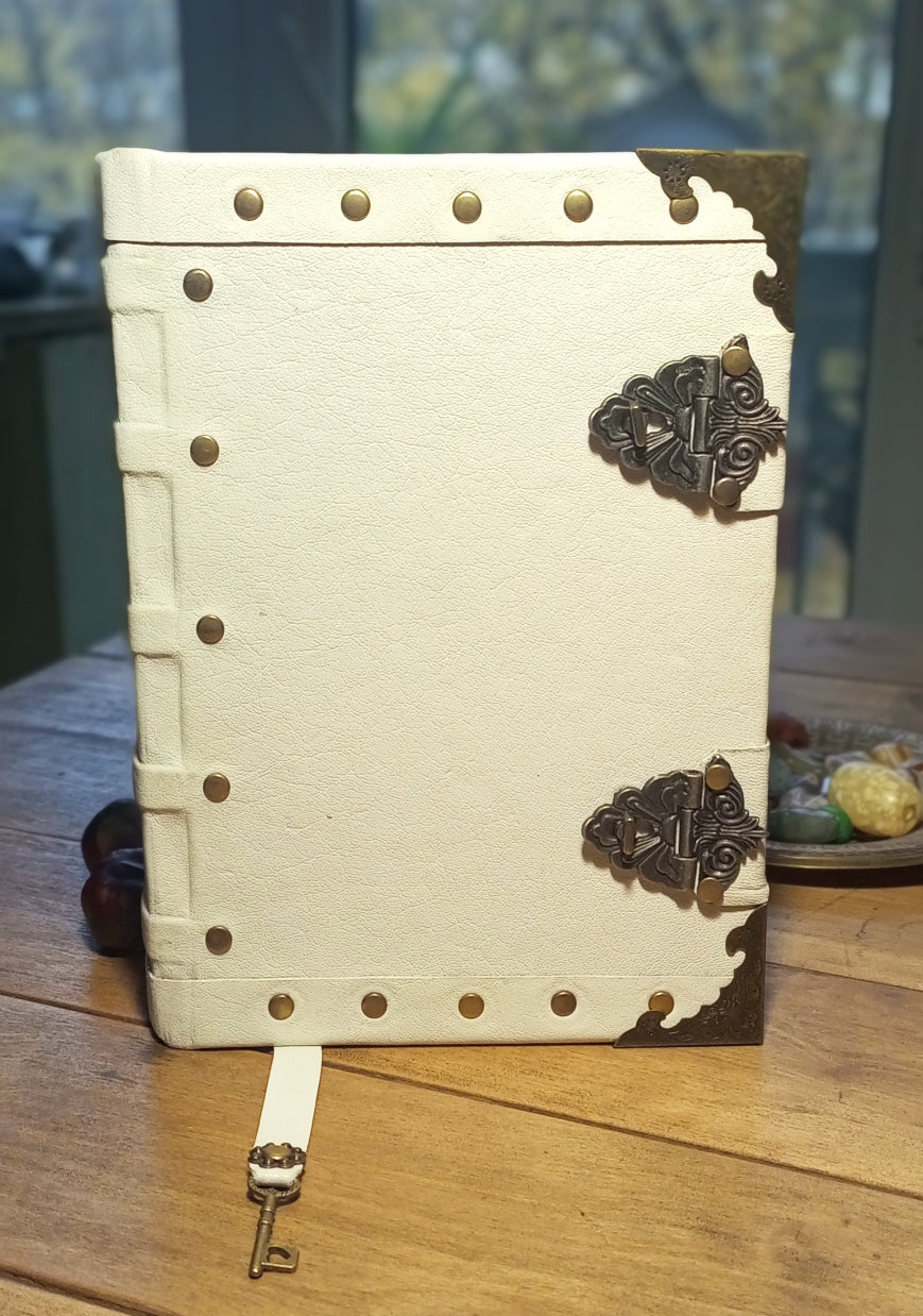 Vintage White Leather Journal with Antique Locks – Handmade Book of Shadows Aged Notebook